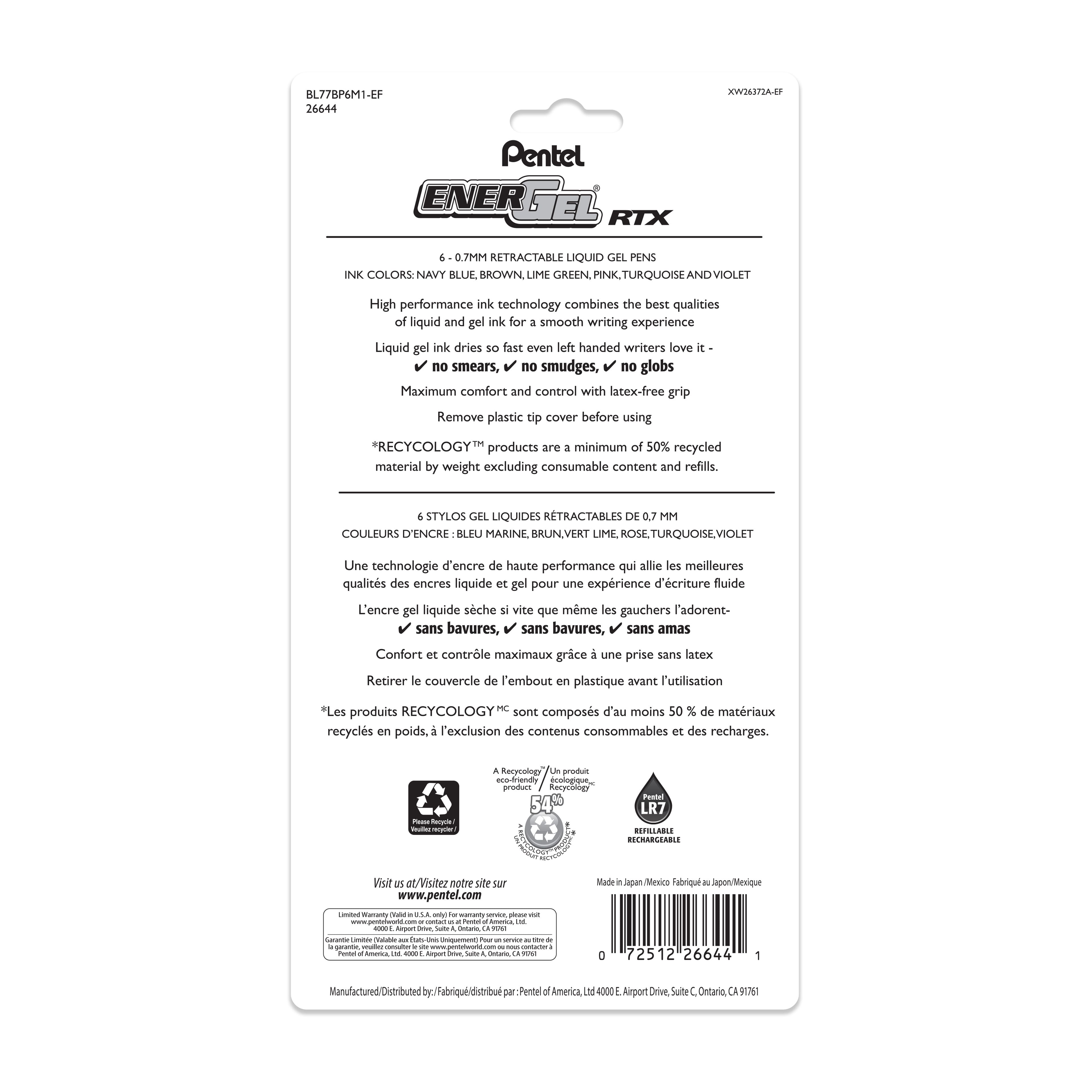 Pentel® EnerGel RTX 0.7mm Assorted Colors Retractable Liquid Gel Pen Set