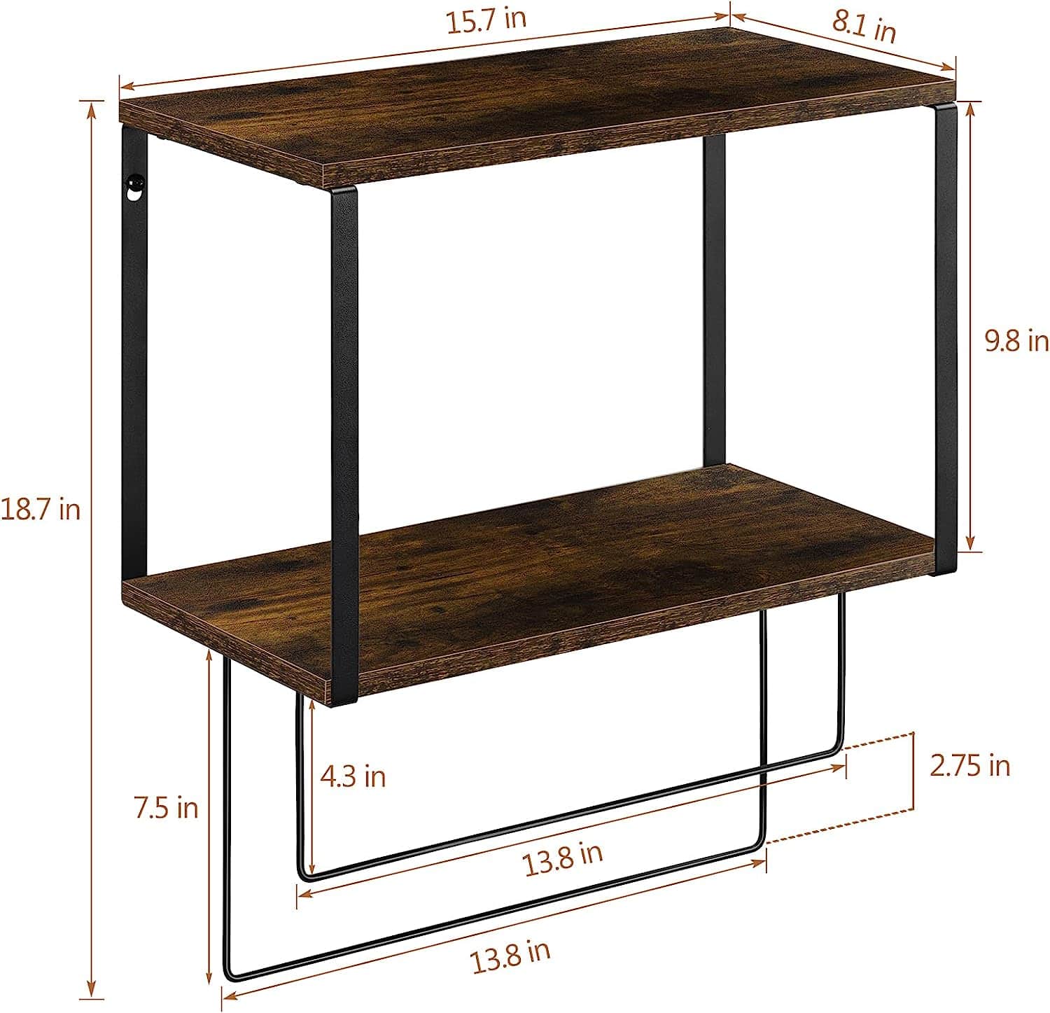 Brown Wood Wall Mount Bathroom 2 Tier Towel Shelf 