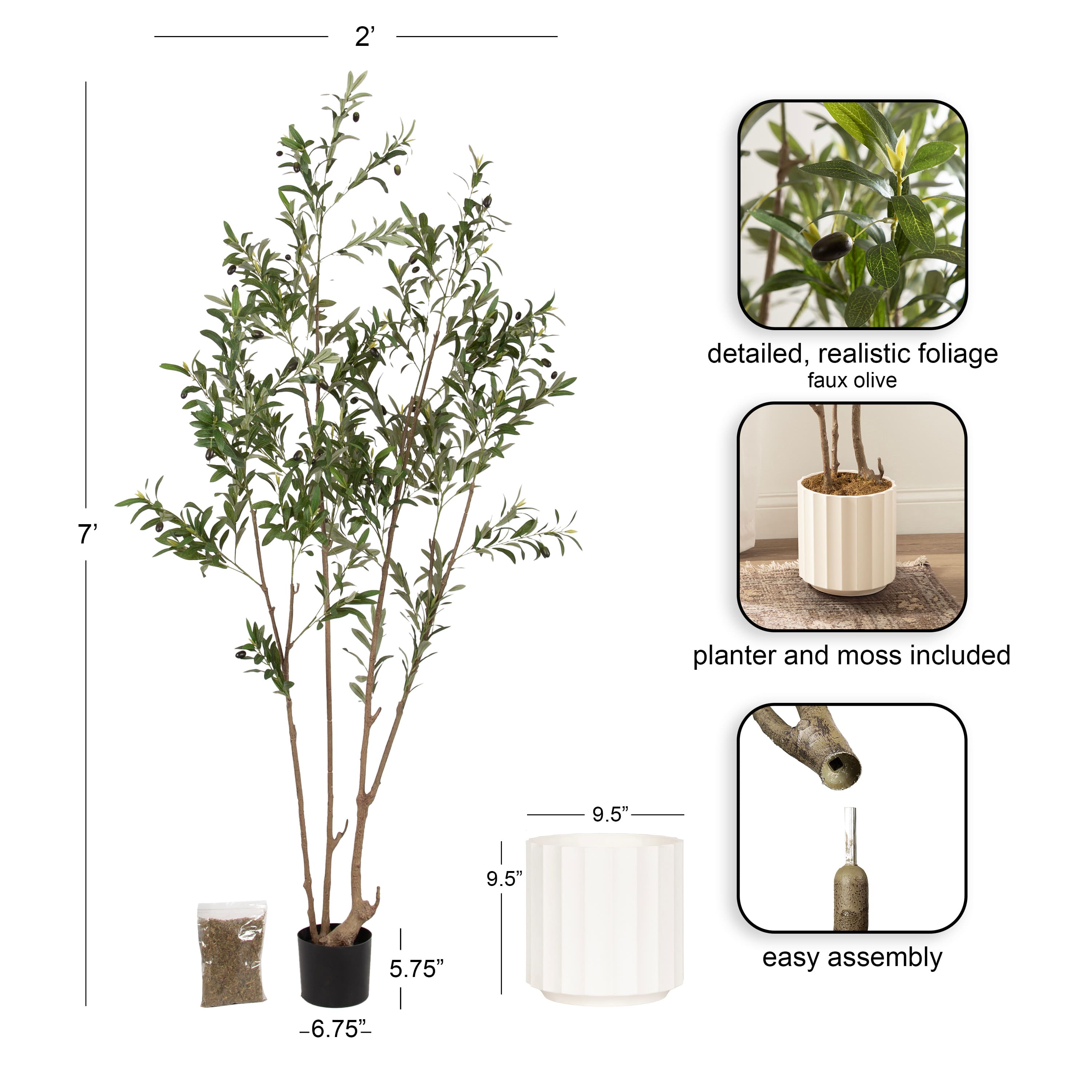 Kate and Laurel 7ft. Green Oliveira Faux Olive Tree in White Planter