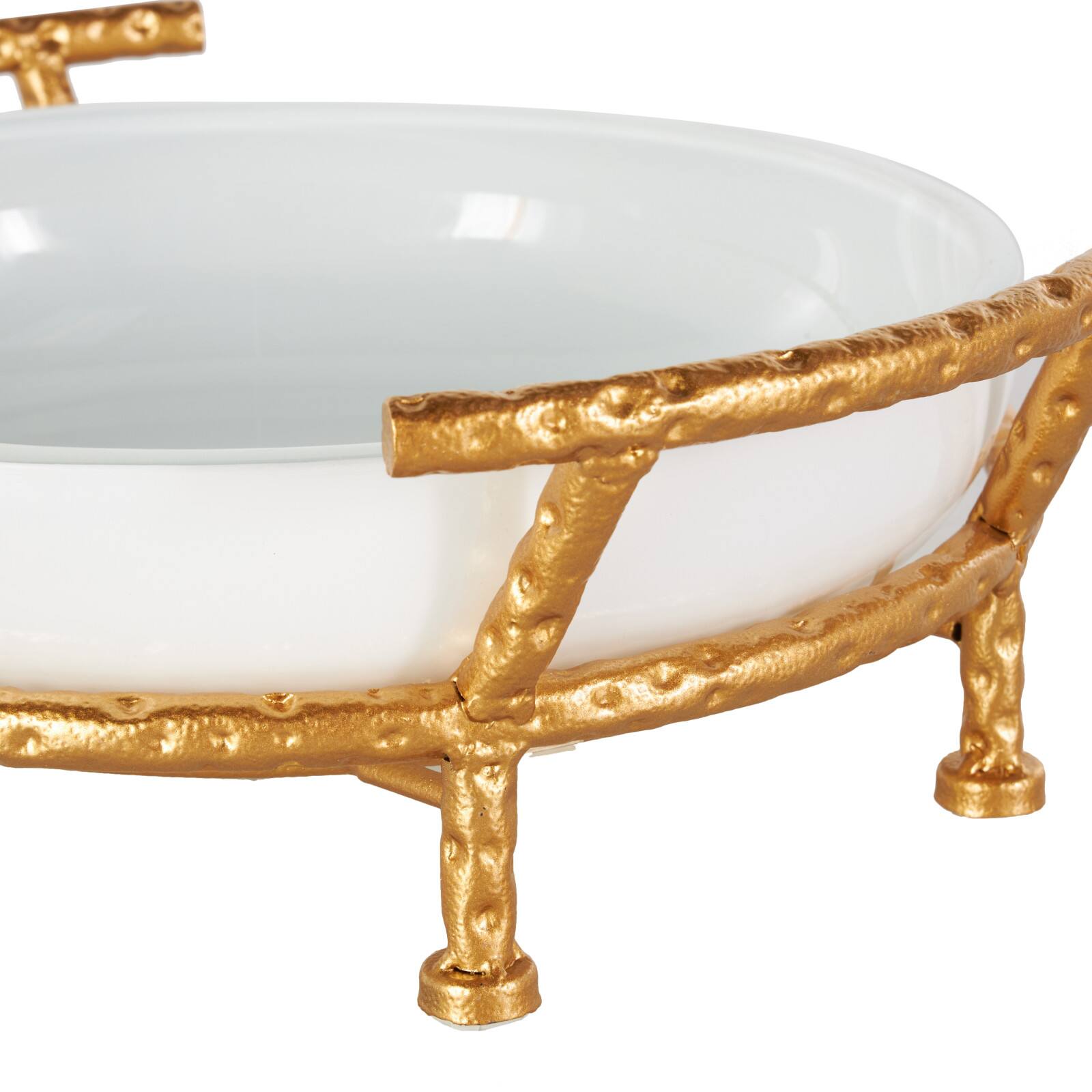 14.5" White Tempered Glass Kitchen Serving Bowl with Gold Metal Stand