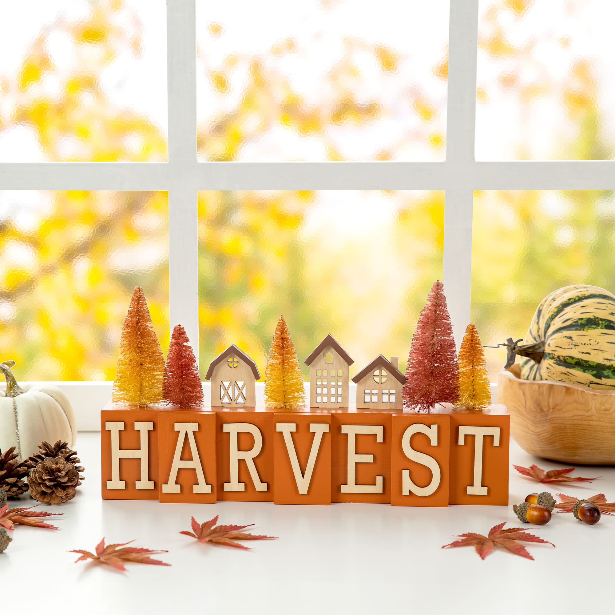 Glitzhome® 14" Harvest Wooden House and Brush Trees Table Décor