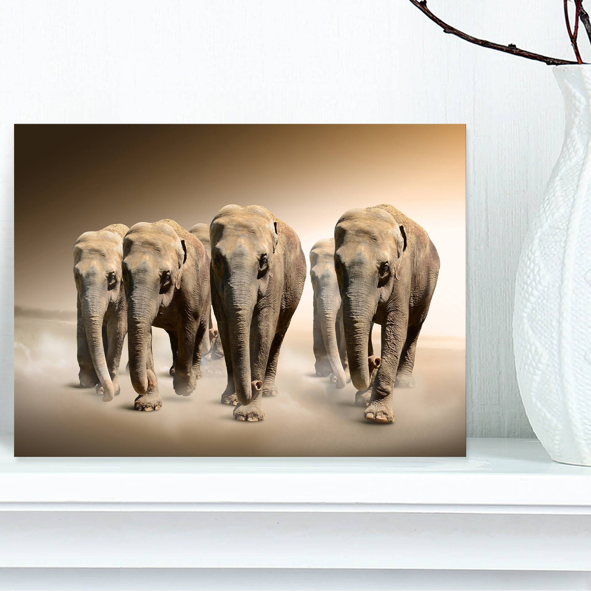 Designart - Walking Herd of Elephants - Animal Canvas Wall Art