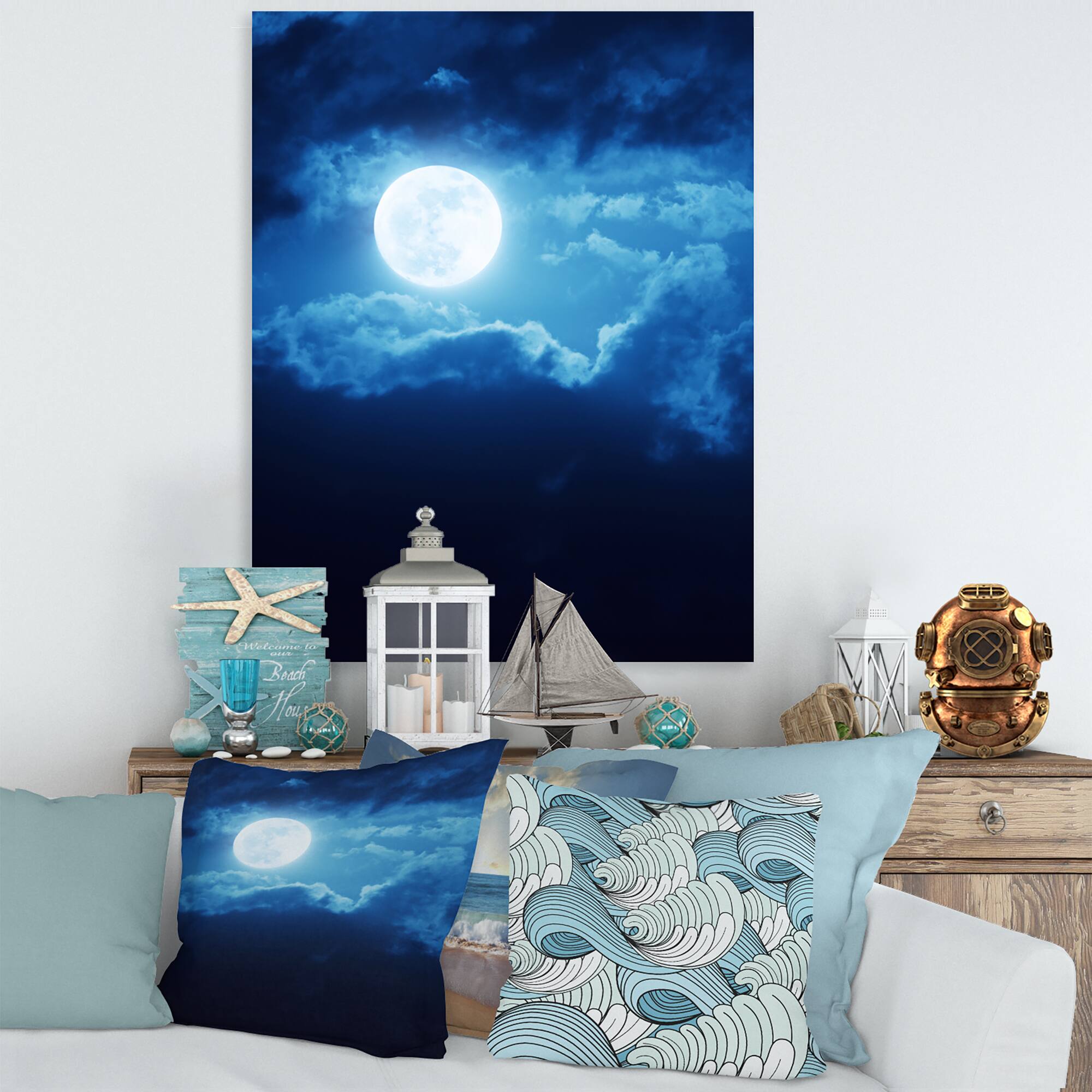 Designart - Full Moon In Cloudy Night Sky III - Nautical & Coastal Canvas Wall Art Print