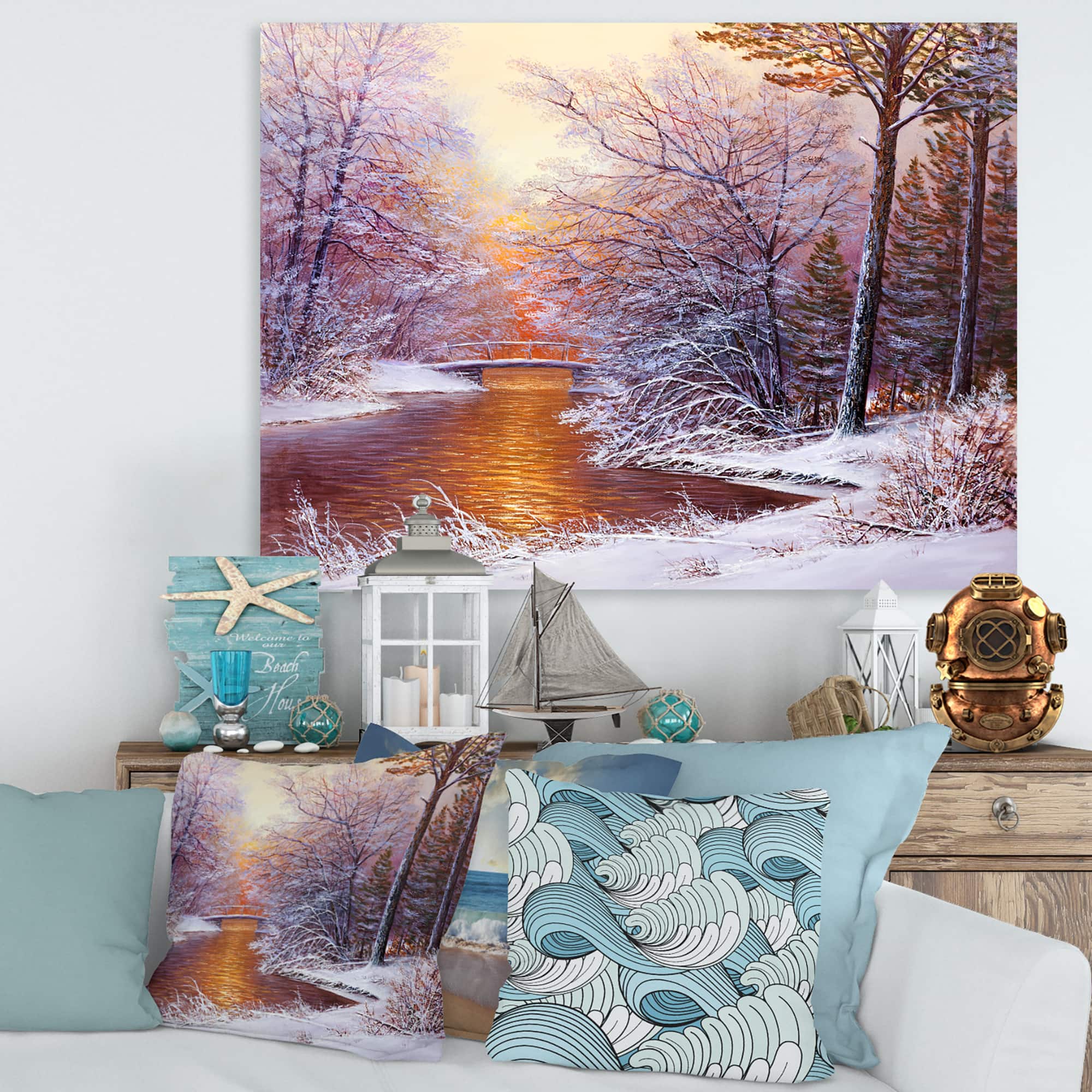 Designart - Christmas Forest With River and Trees II - Traditional Canvas Wall Art Print