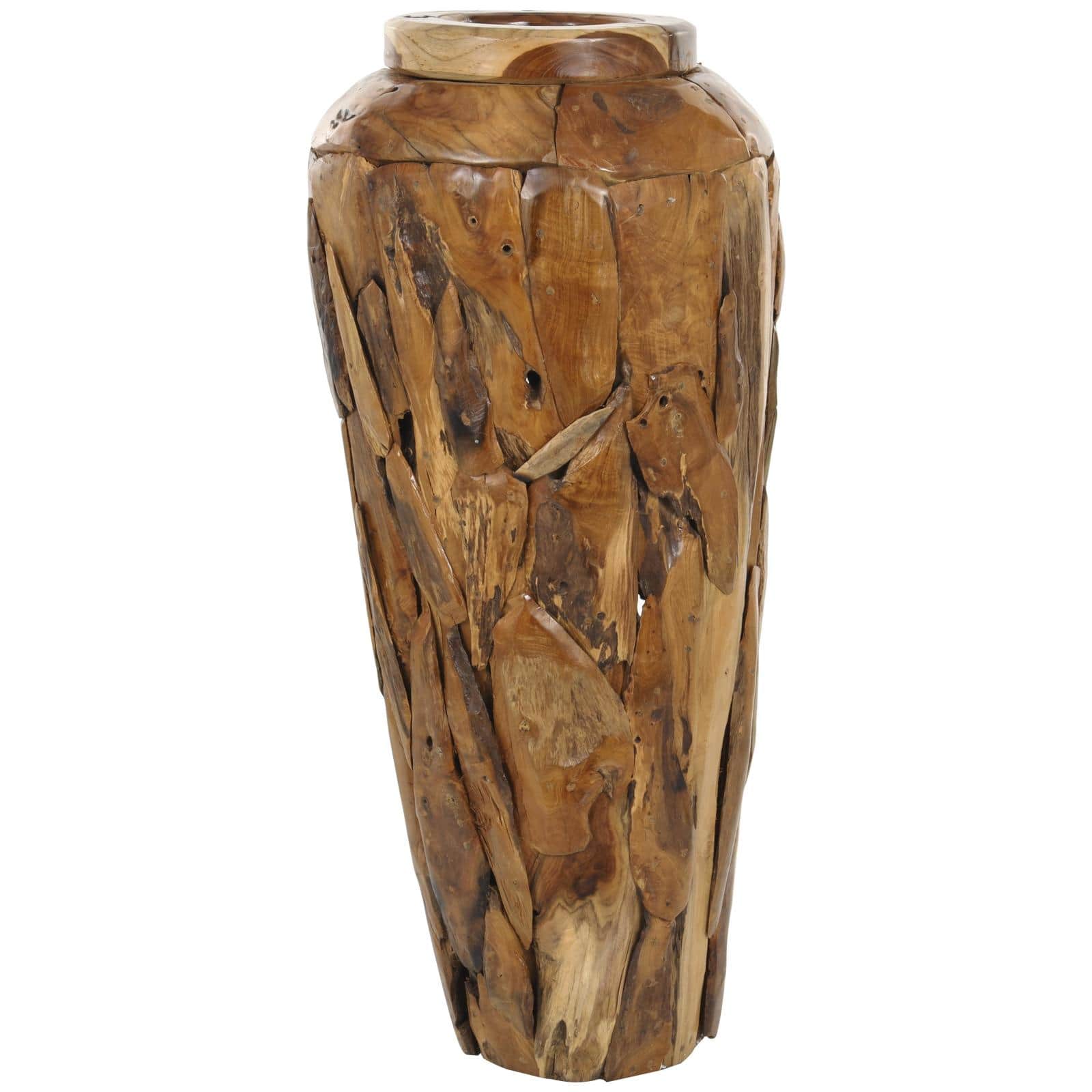 Brown Teak Wood Handmade Tall Floor Vase with Mosaic Live Edge
