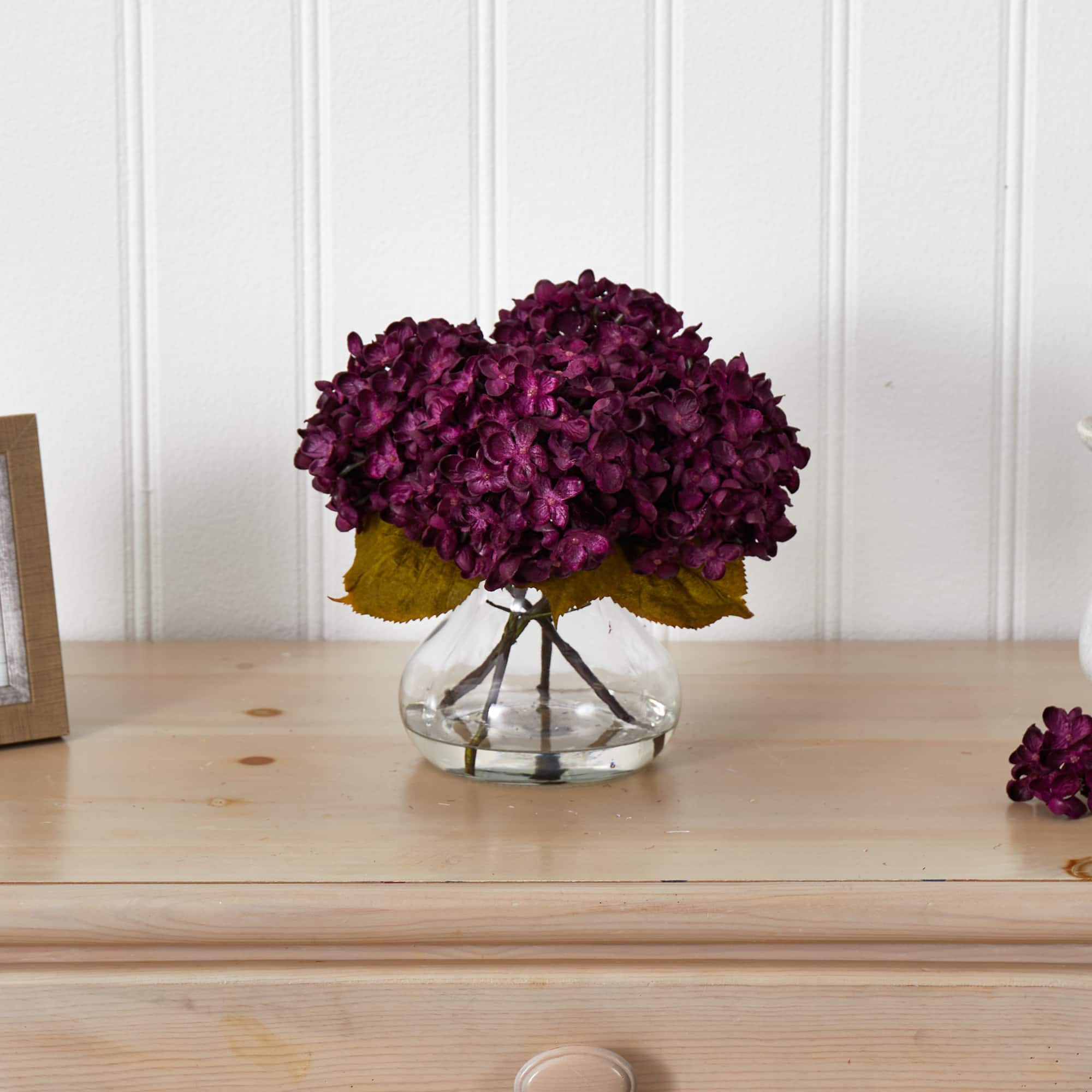8.5" Purple Hydrangea Arrangement in Glass Vase