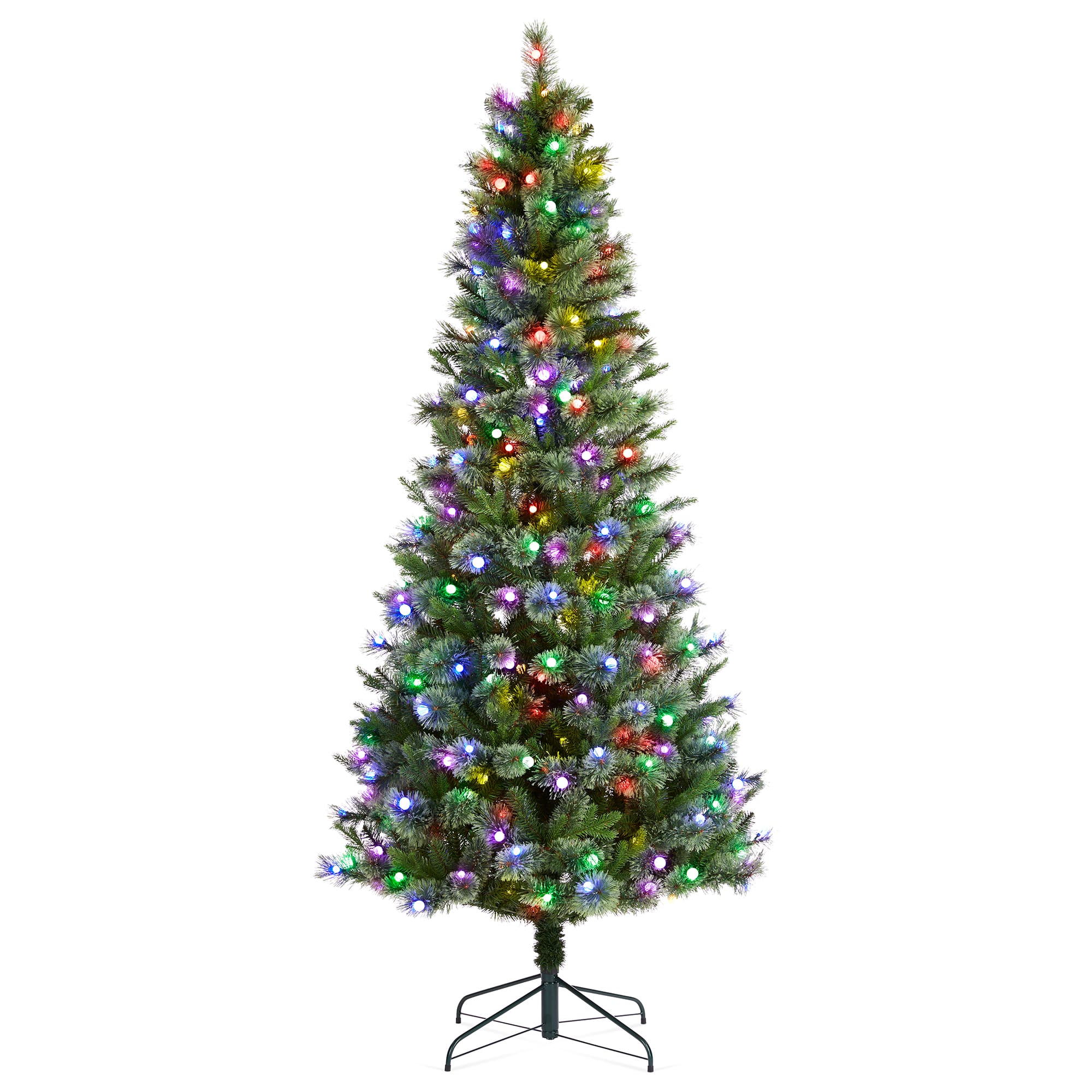 Glitzhome® 7.5ft Pre-Lit Green Cashmere Slim Pine Artificial Christmas Tree, Multicolor LED Lights