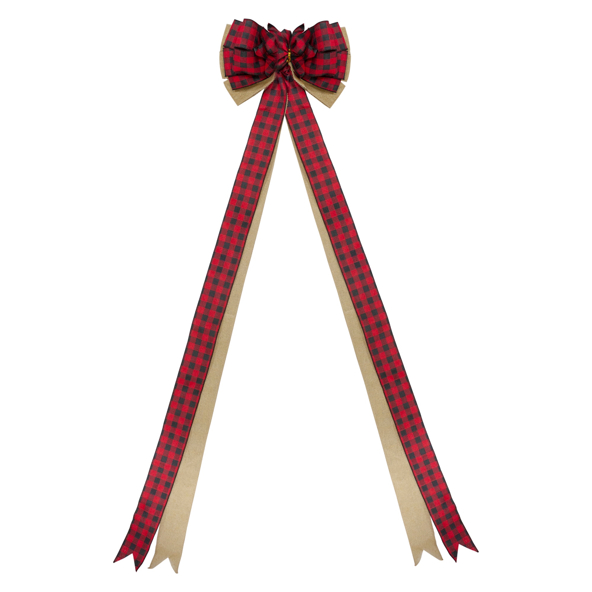 48" x 10" Burlap and Buffalo Plaid 16 Loop Christmas Bow Decoration
