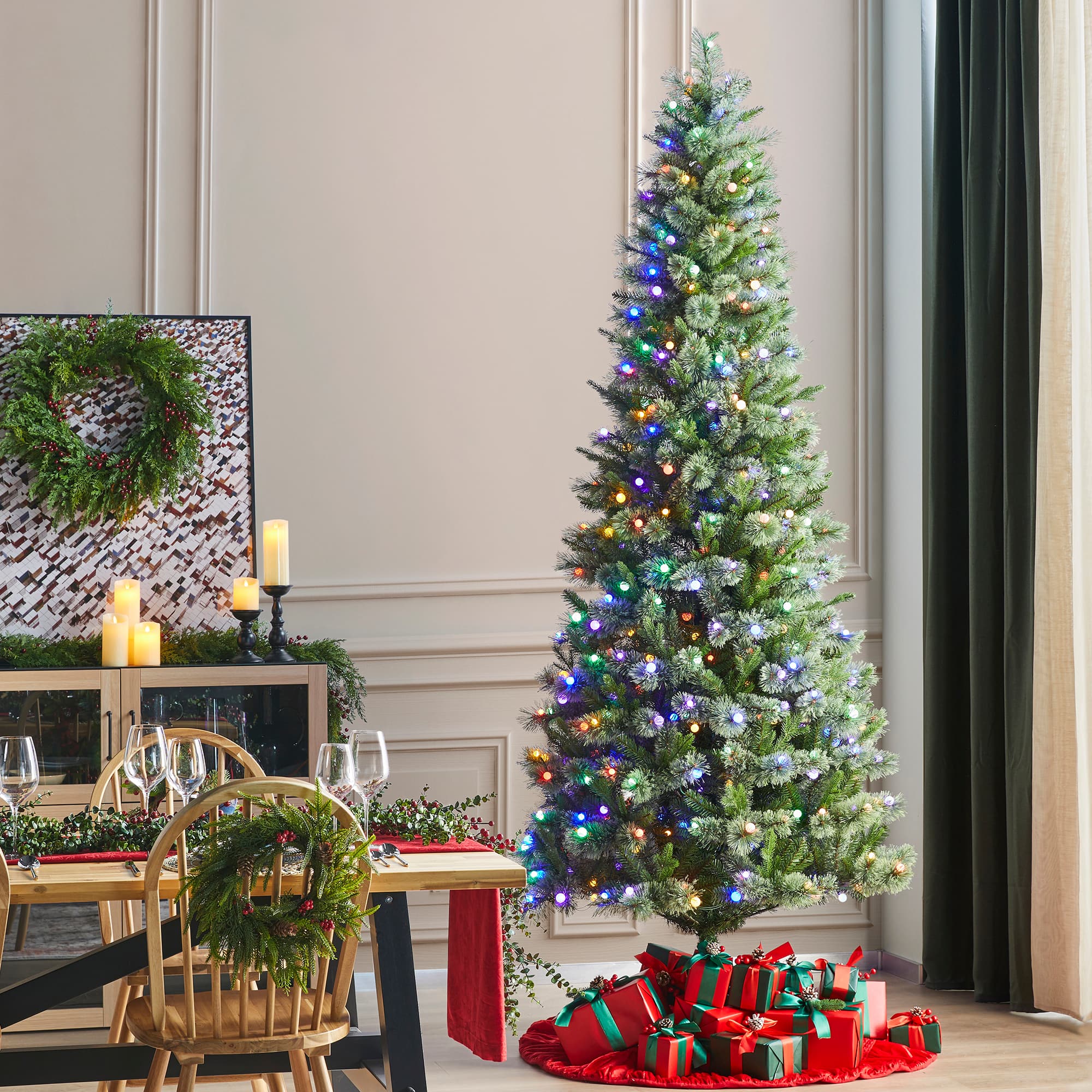 Glitzhome® 9ft Pre-Lit Green Cashmere Slim Pine Artificial Christmas Tree, Multicolor LED Lights