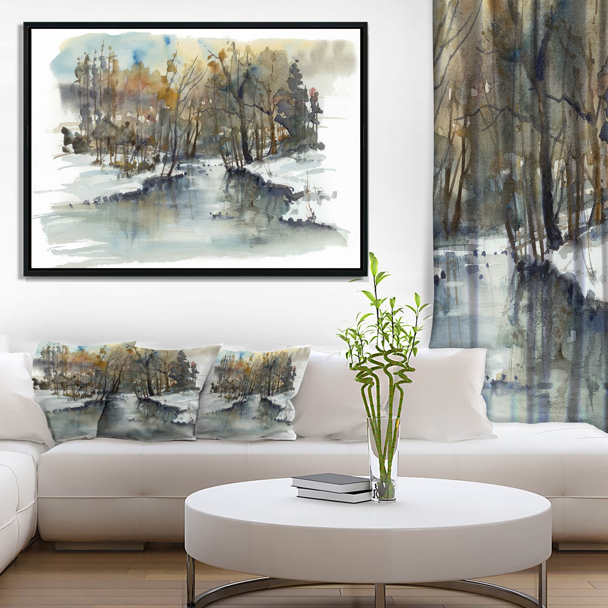 Designart - River in Woods Watercolor - Landscape Painting Canvas Print in Black Frame