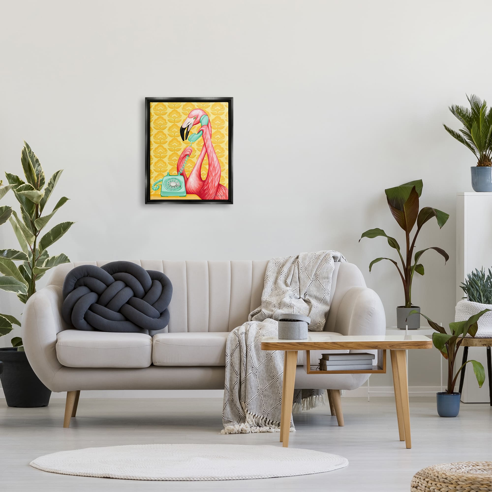Stupell Industries Flamingo Calling Dial Telephone Groovy Flowers Framed Floater Canvas Wall Art