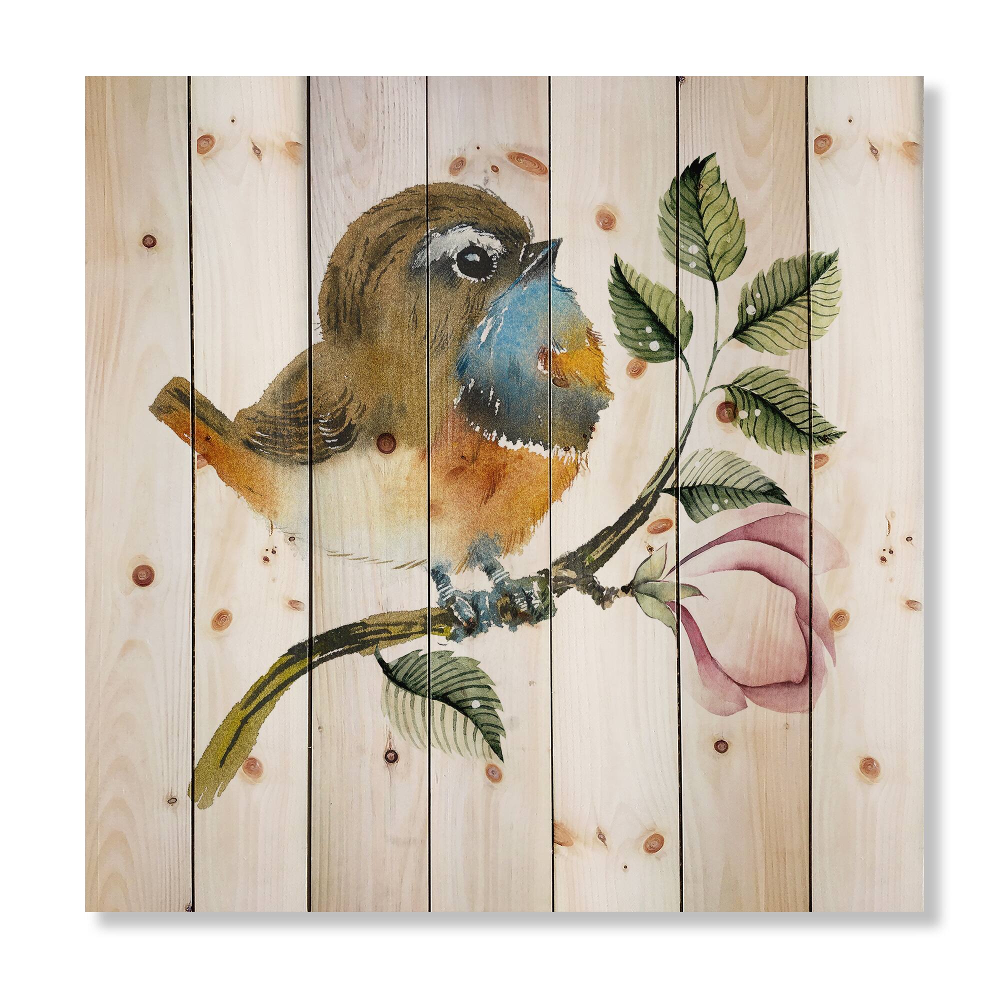 Designart - Bluethroat Bird On A Branch - Traditional Print on Natural Pine Wood