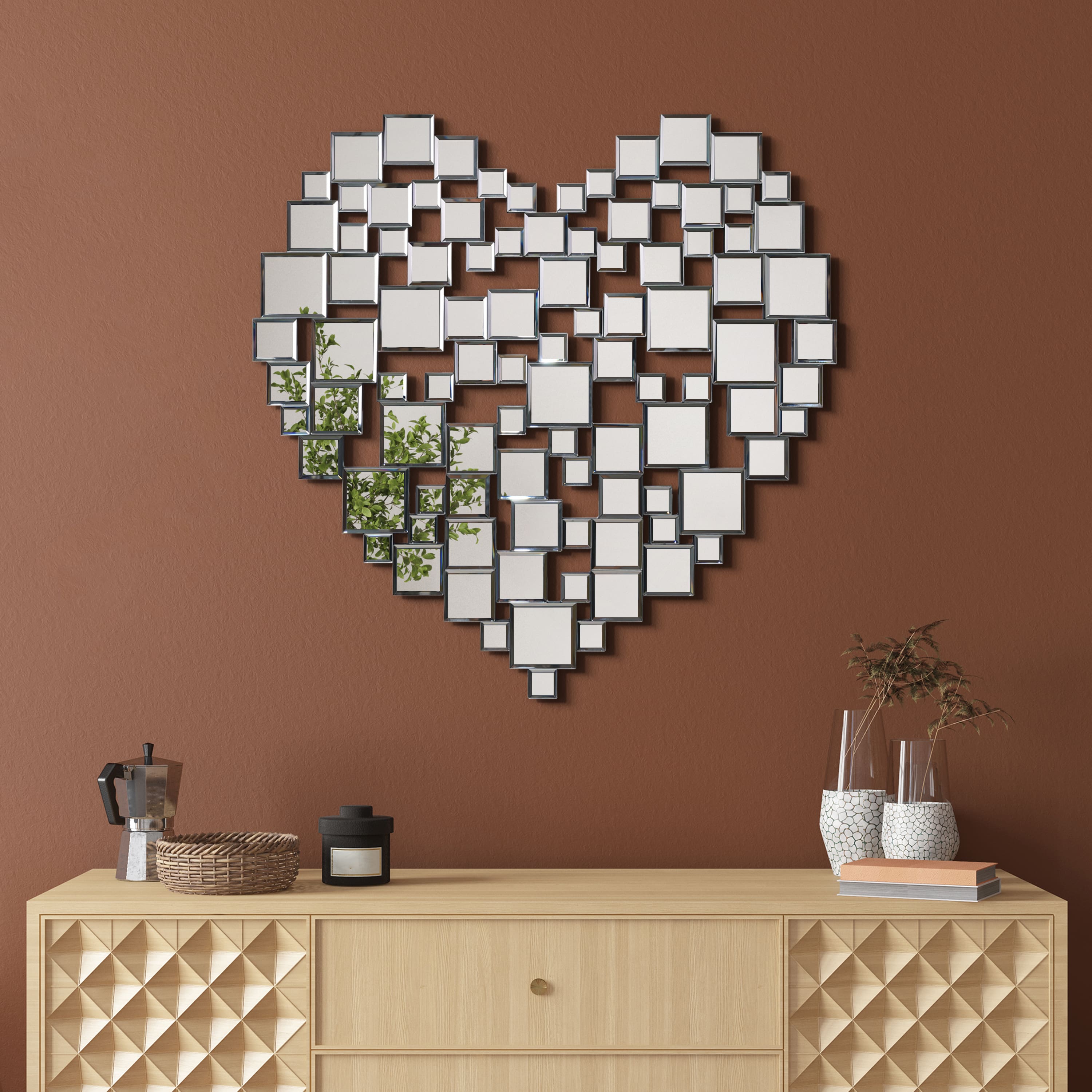 Empire Art Direct 32" x 32" Beveled Mirror Square Tessellation Heart-Shaped Wall Mirror