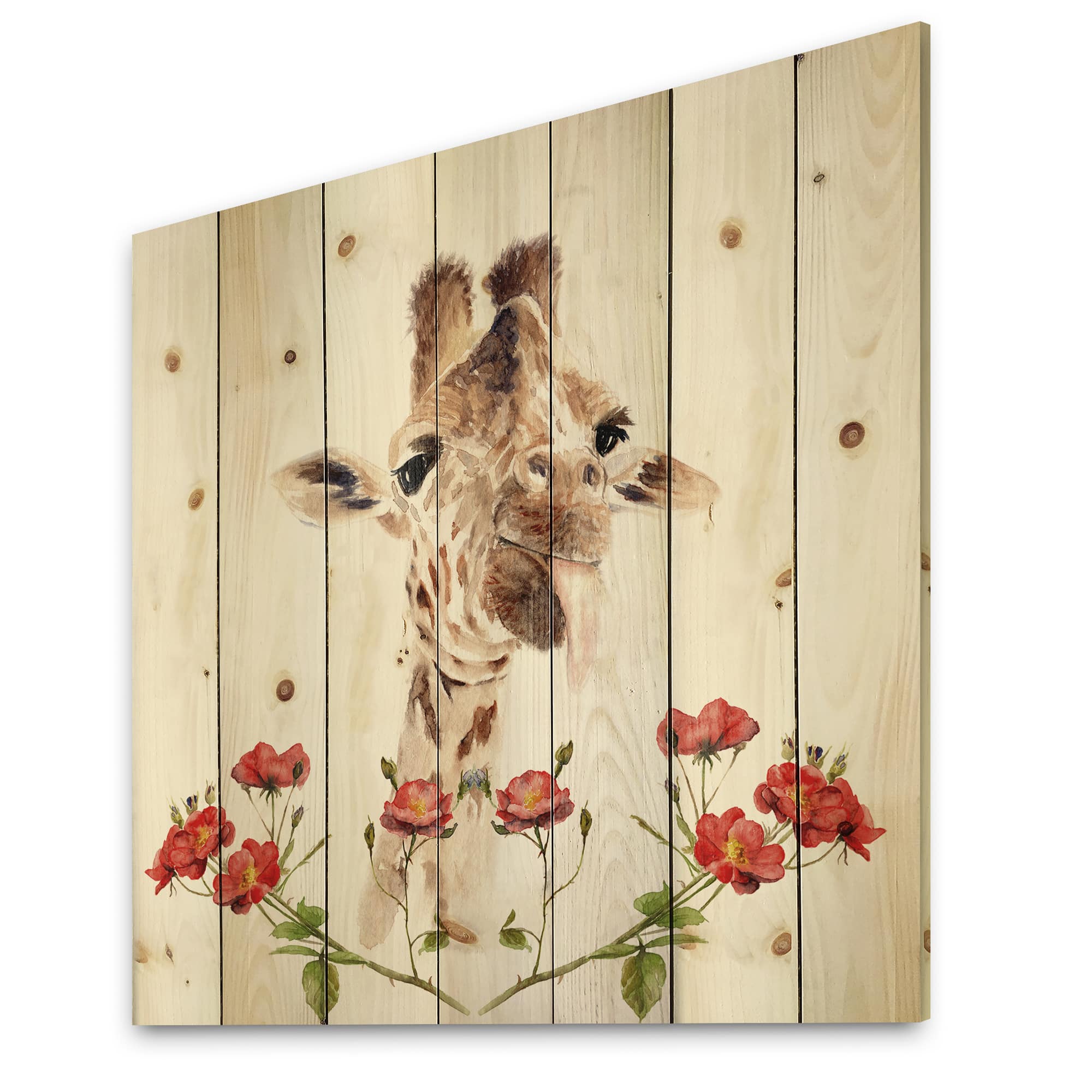 Designart - Portrait of A Giraffe With Flowers II - Farmhouse Print on Natural Pine Wood