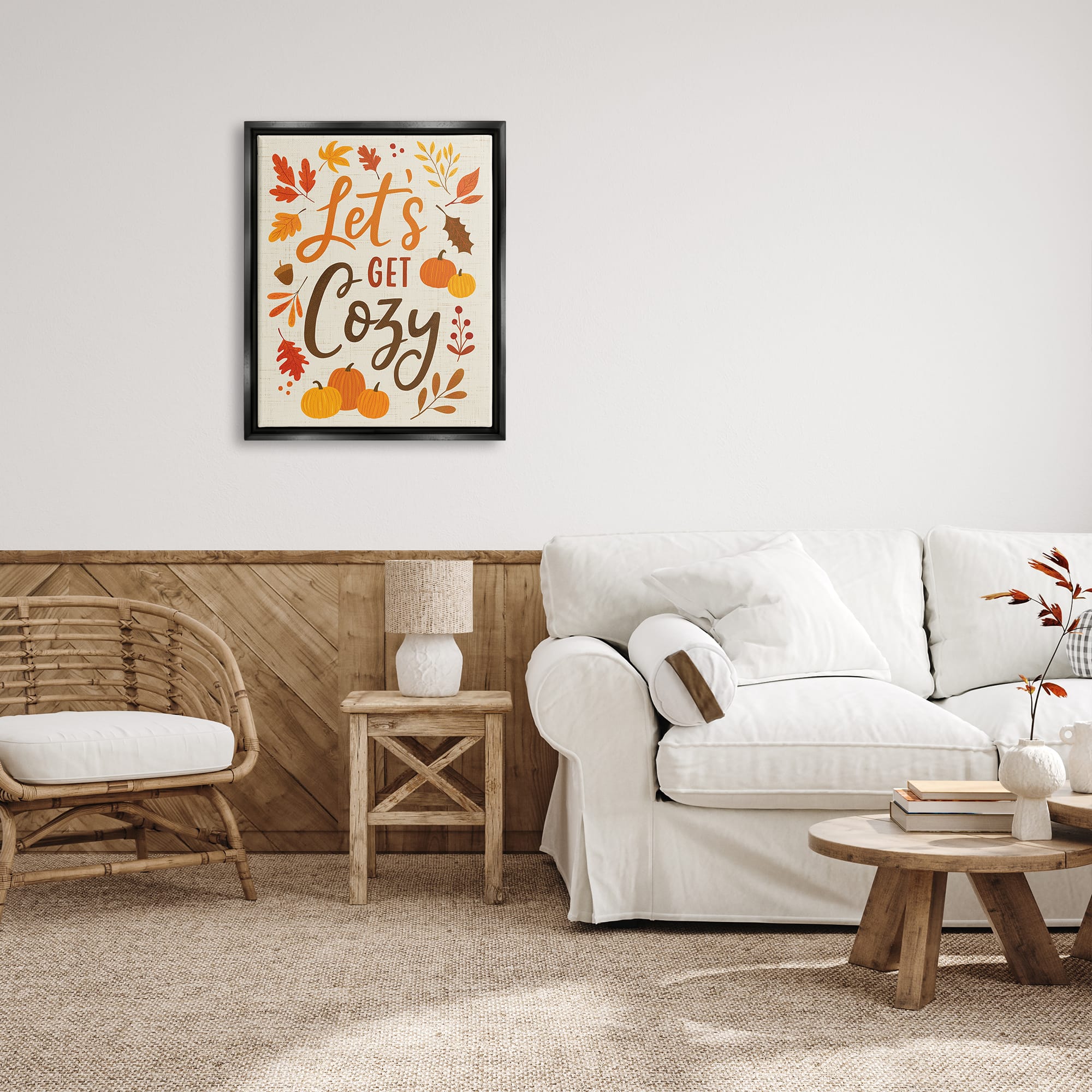 Stupell Industries Lets Get Cozy Autumnal Leaf Sprigs Framed Floater Canvas Wall Art