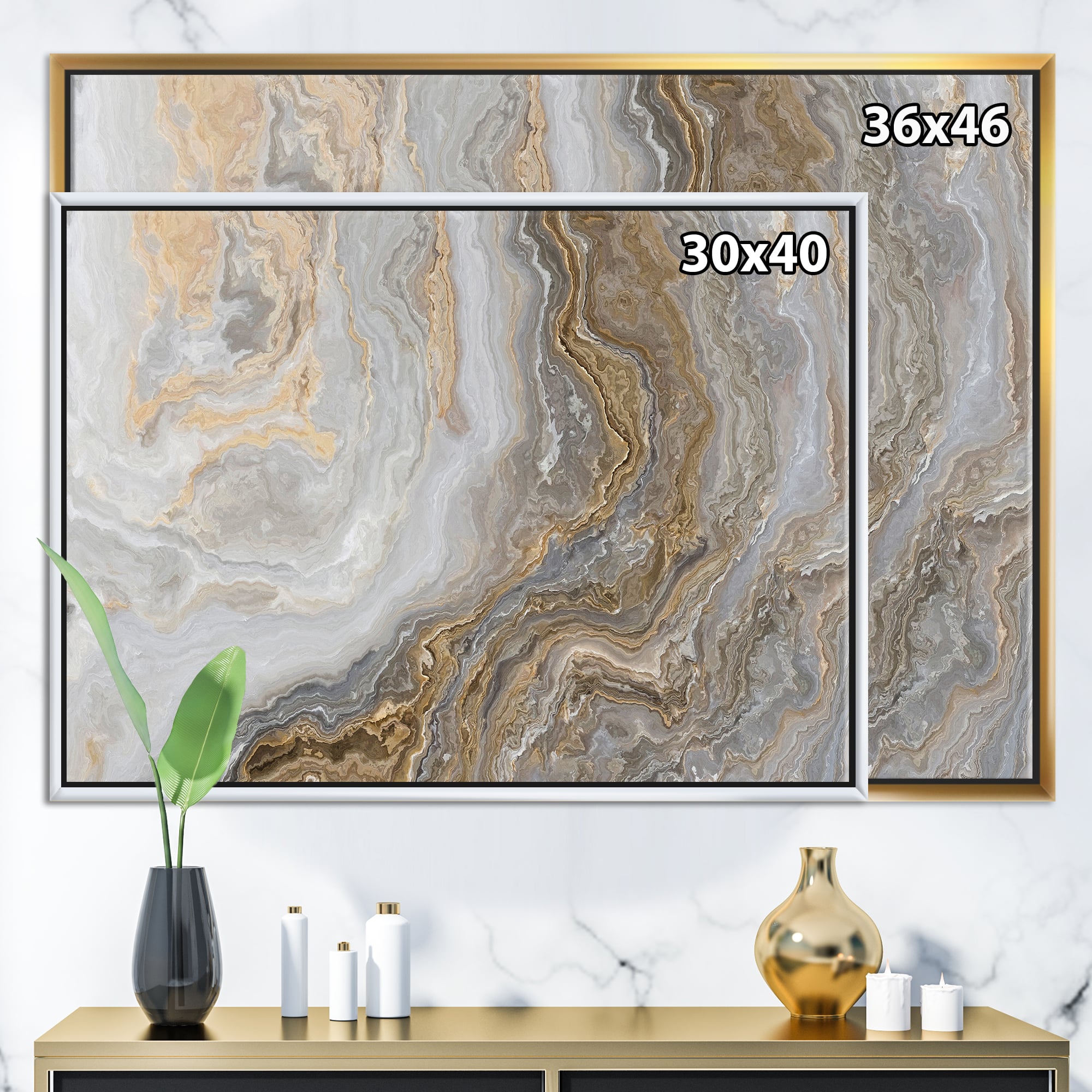 Designart - White Marble with Curley Grey and Gold Veins - Glam Framed Canvas Wall Art Print