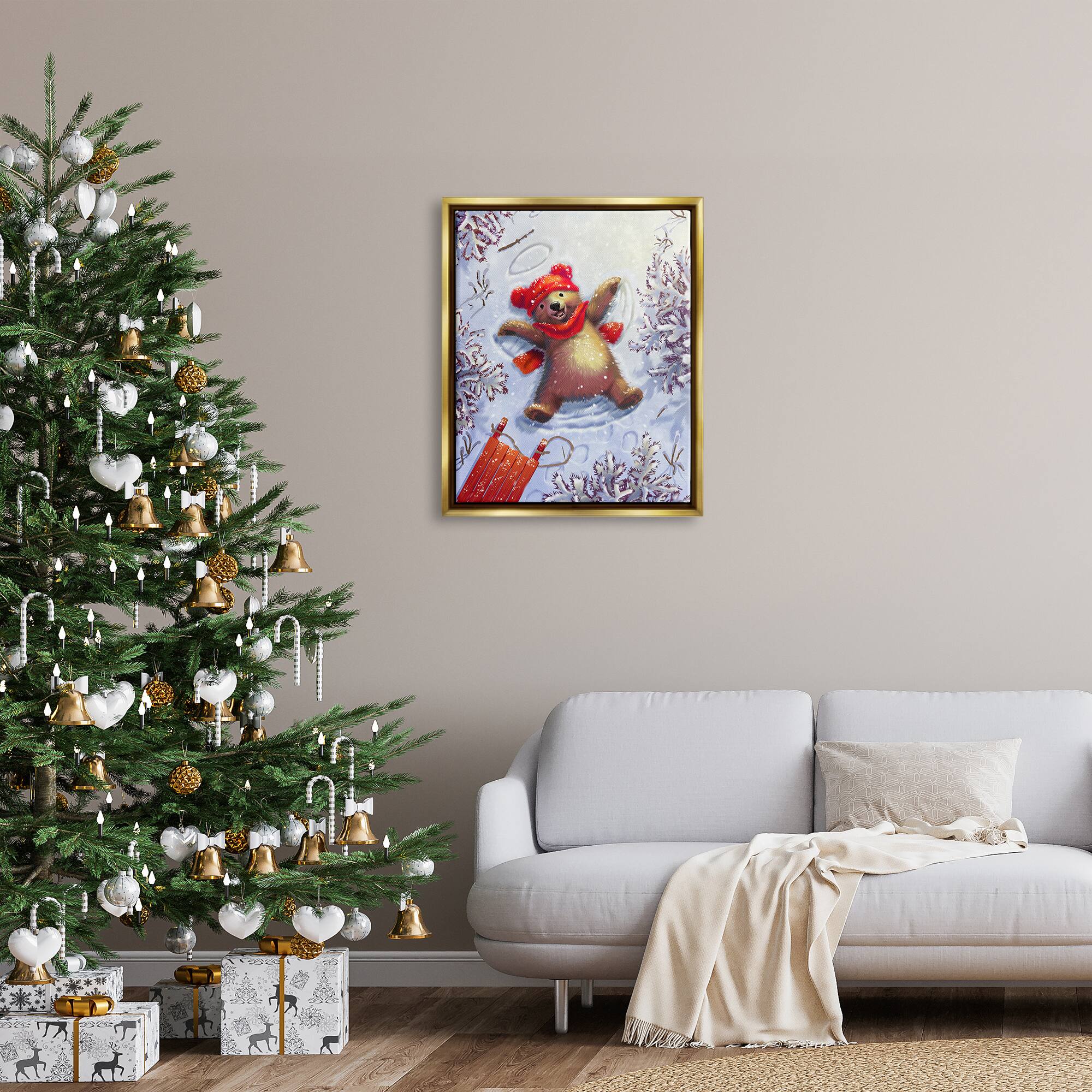 Stupell Industries Bear Cub Snow Angel Sled Framed Floater Canvas Wall Art