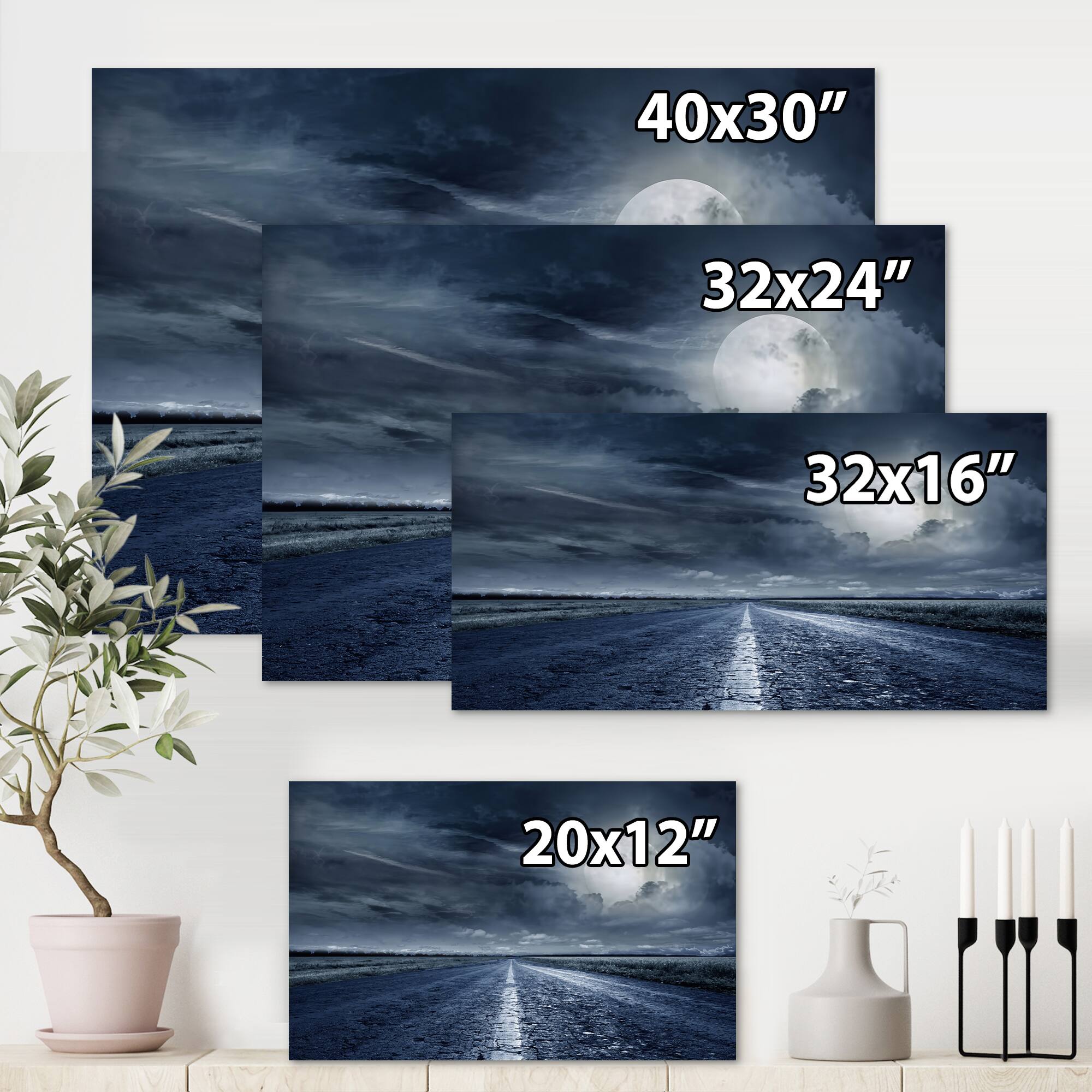 Designart - Asphalt Road Under Cloudy Full Moon II