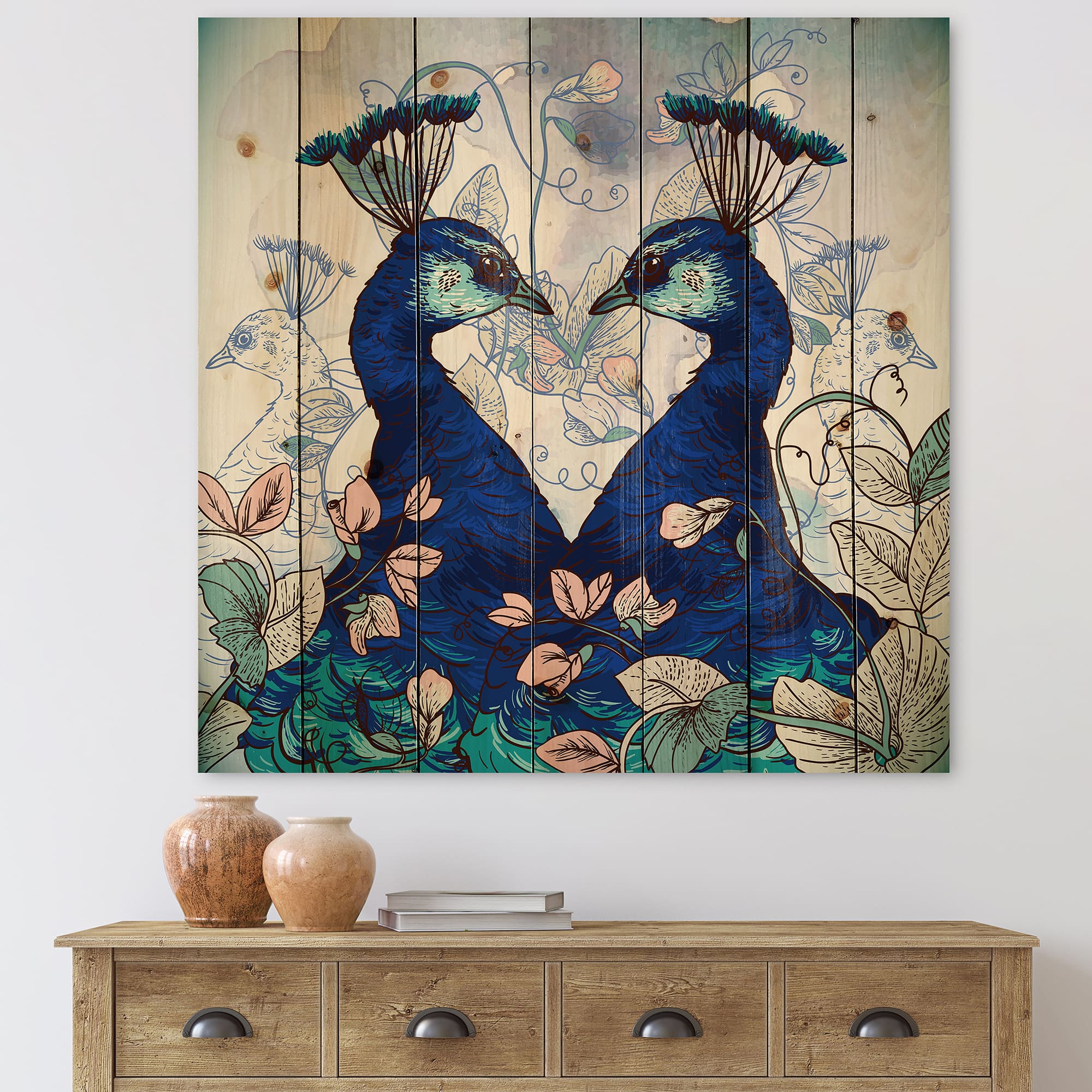 Designart - Two Blue Peacocks With Wildflowers
