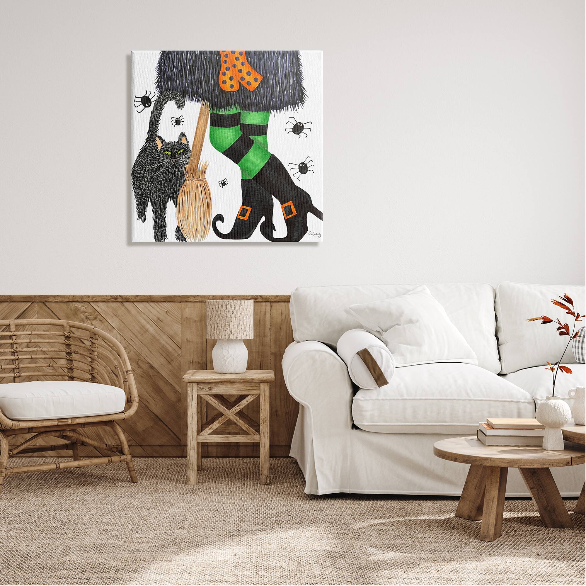 Stupell Industries Witch Broom Halloween Black Cat Canvas Wall Art