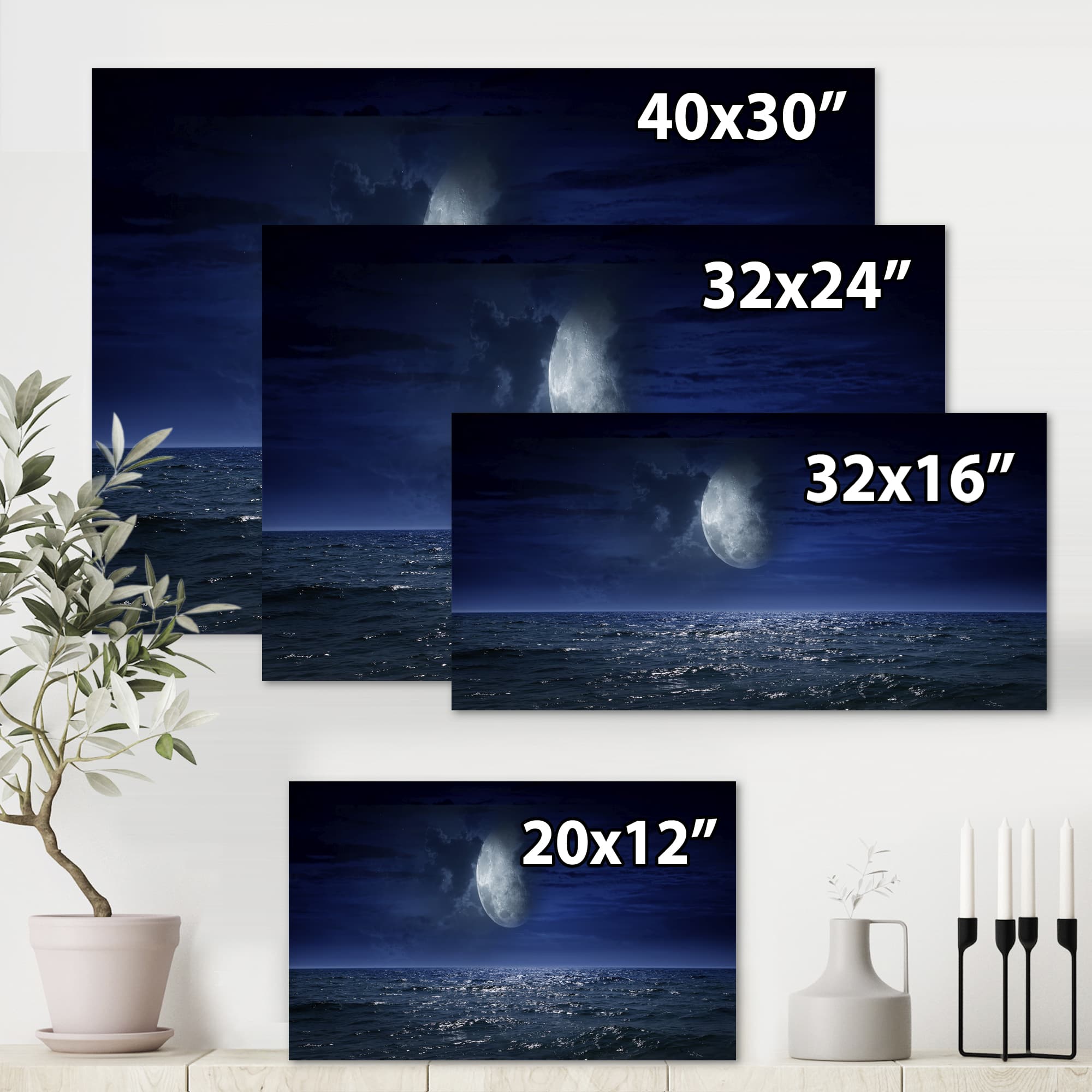Designart - Full Moon Over Dark Ocean At Night - Nautical & Coastal Canvas Wall Art Print