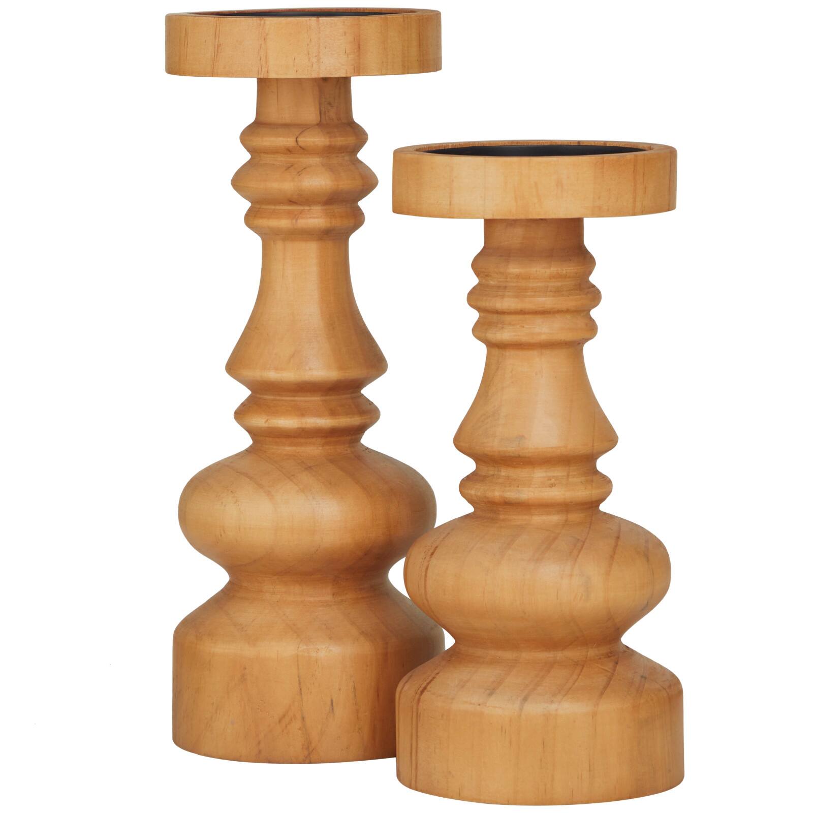 Brown Wood Round Turned Style Pillar Candle Holder Set