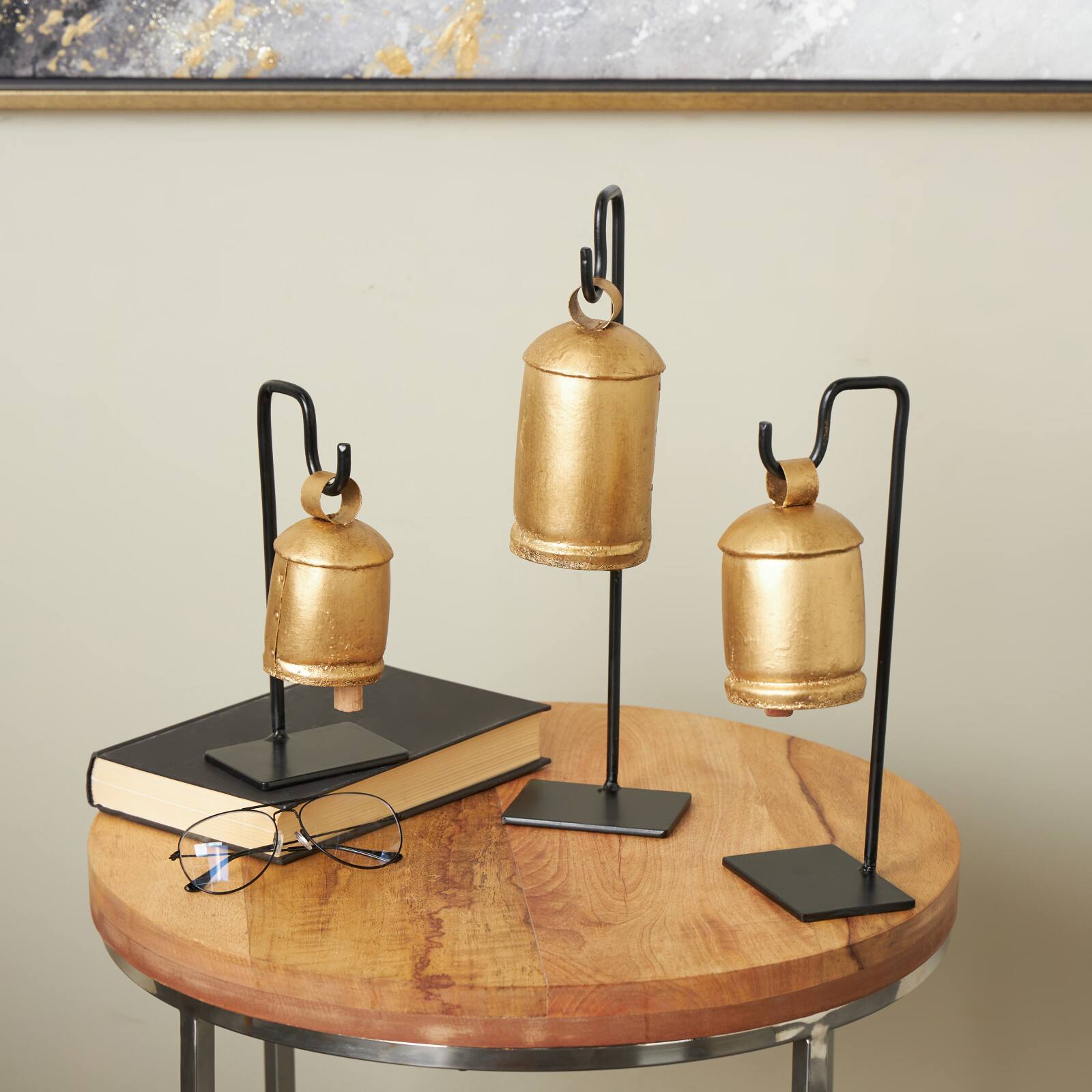 Gold Metal Decorative Cow Bells with Black Stand & Brown Wooden Clapper Set