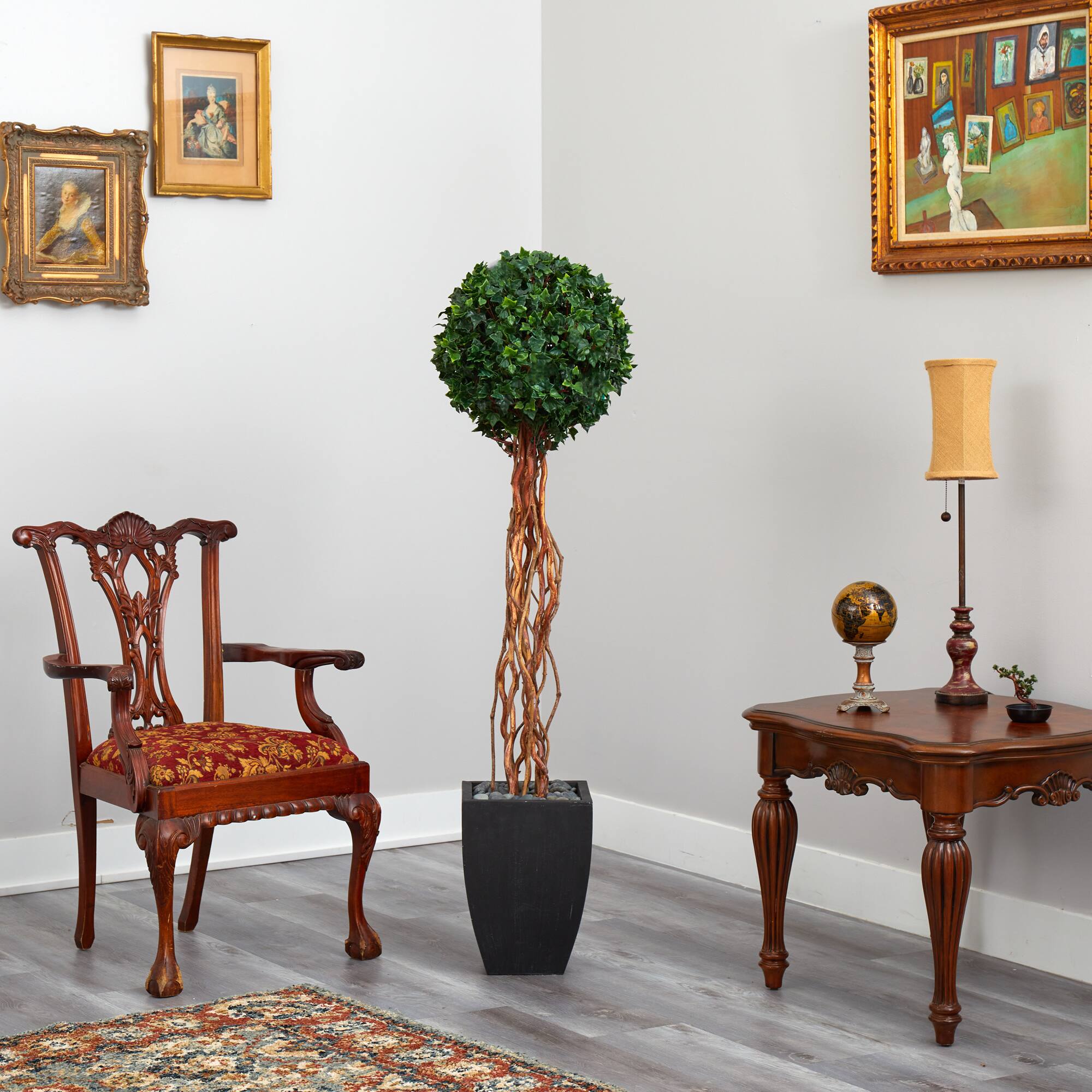 5.5ft. English Ivy Single Ball Artificial Topiary Tree in Black Planter
