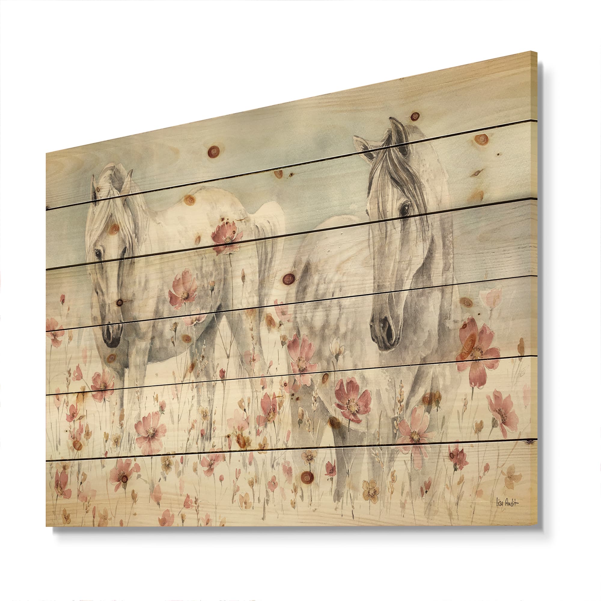 Designart - watercolors Pink Wild Horses - Farmhouse Print on Natural Pine Wood