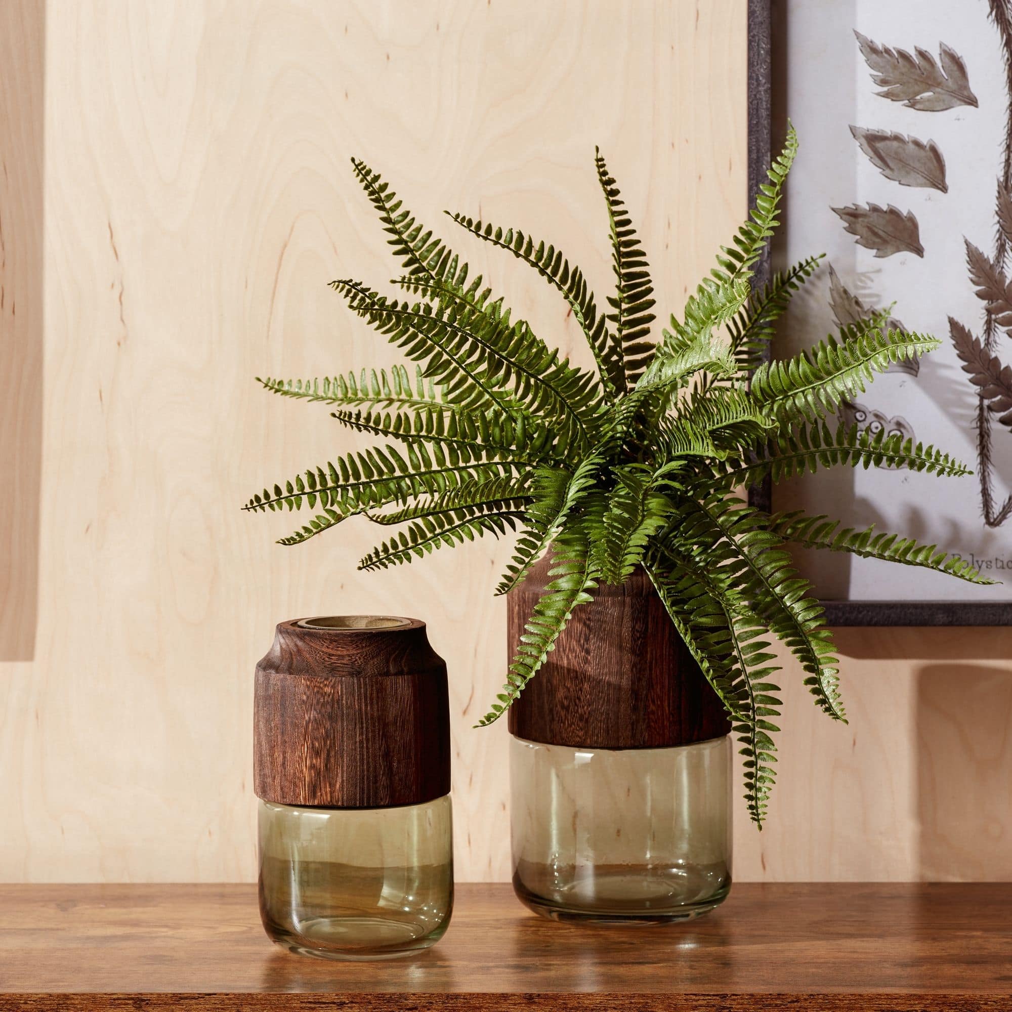 11" Sage Glass Vase with Wood Accent