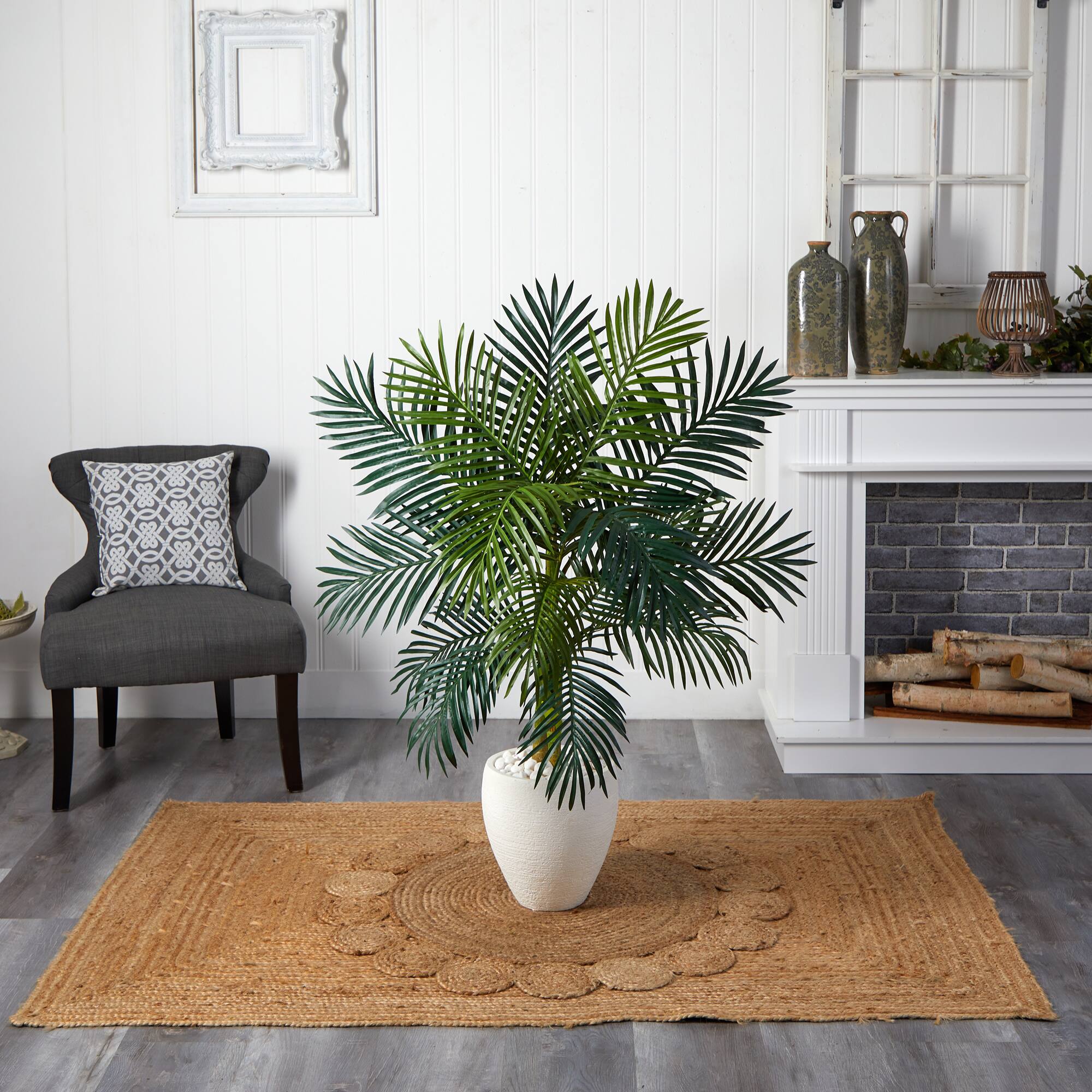 4.5ft. Golden Cane Palm Tree in White Oval Planter