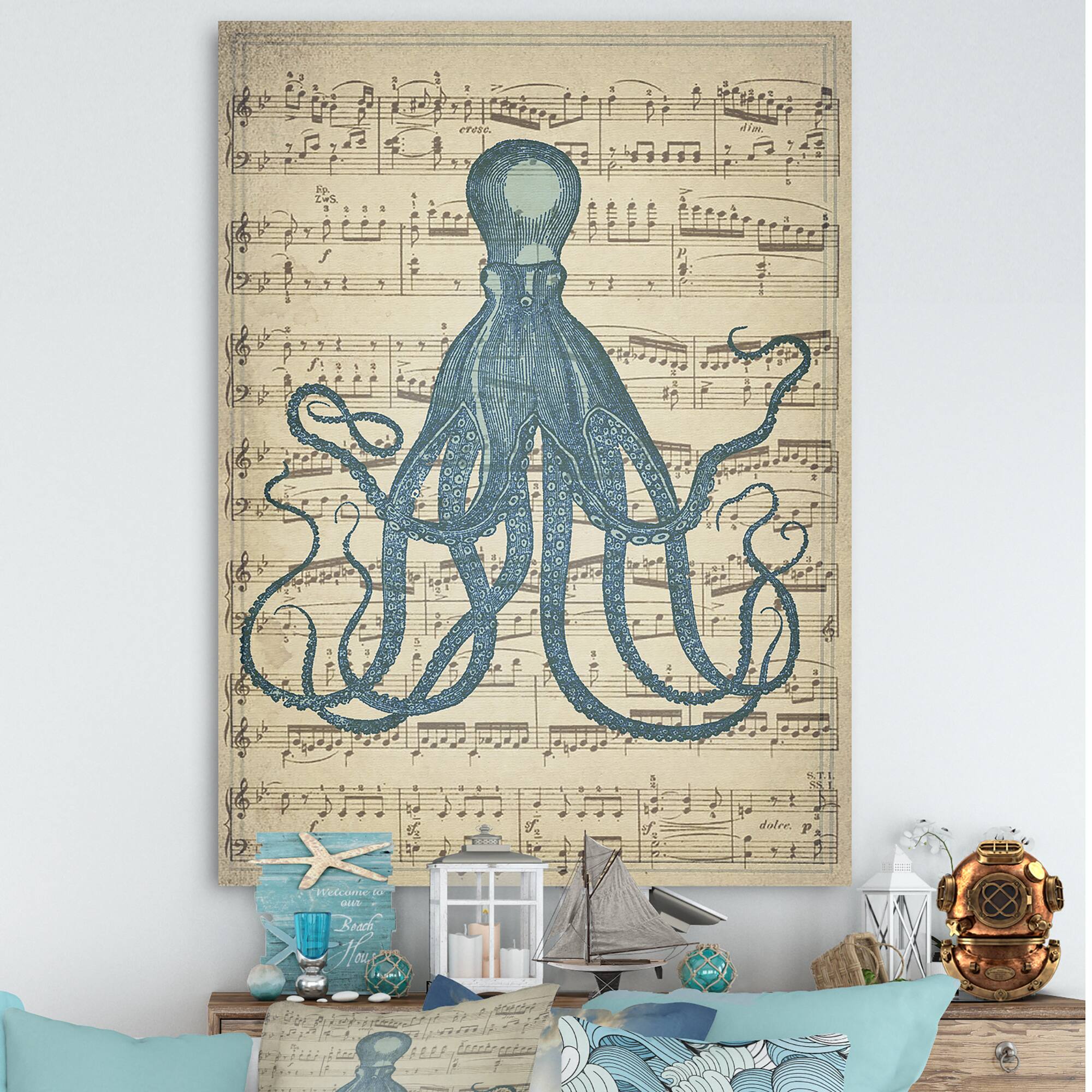 Designart - Octopus Music Score II - Nautical & Coastal Premium Canvas Wall Art