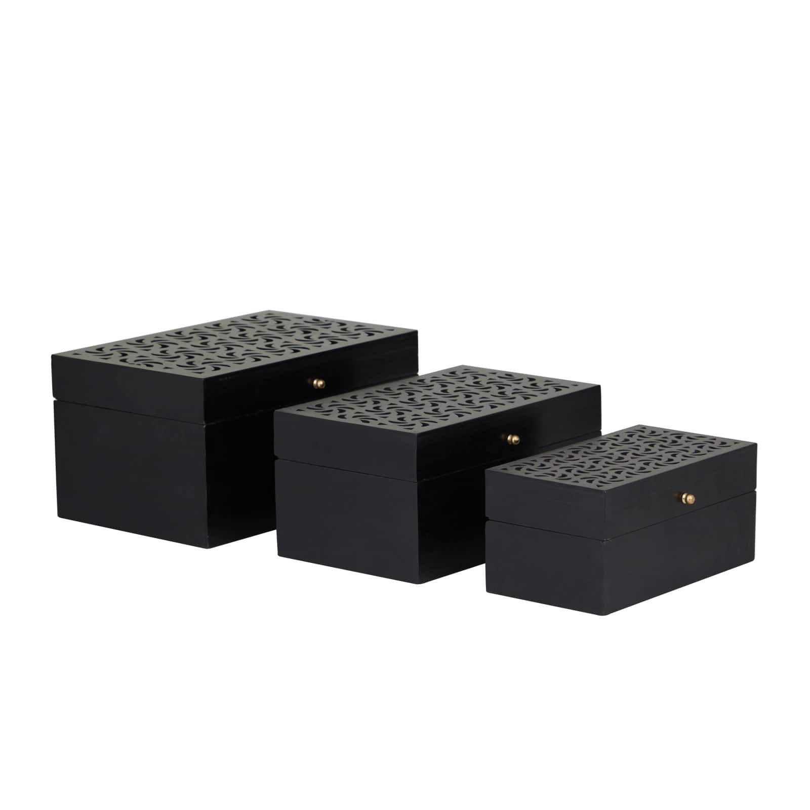 Black Wood Intricate Carved Box with Hinged Lid Set
