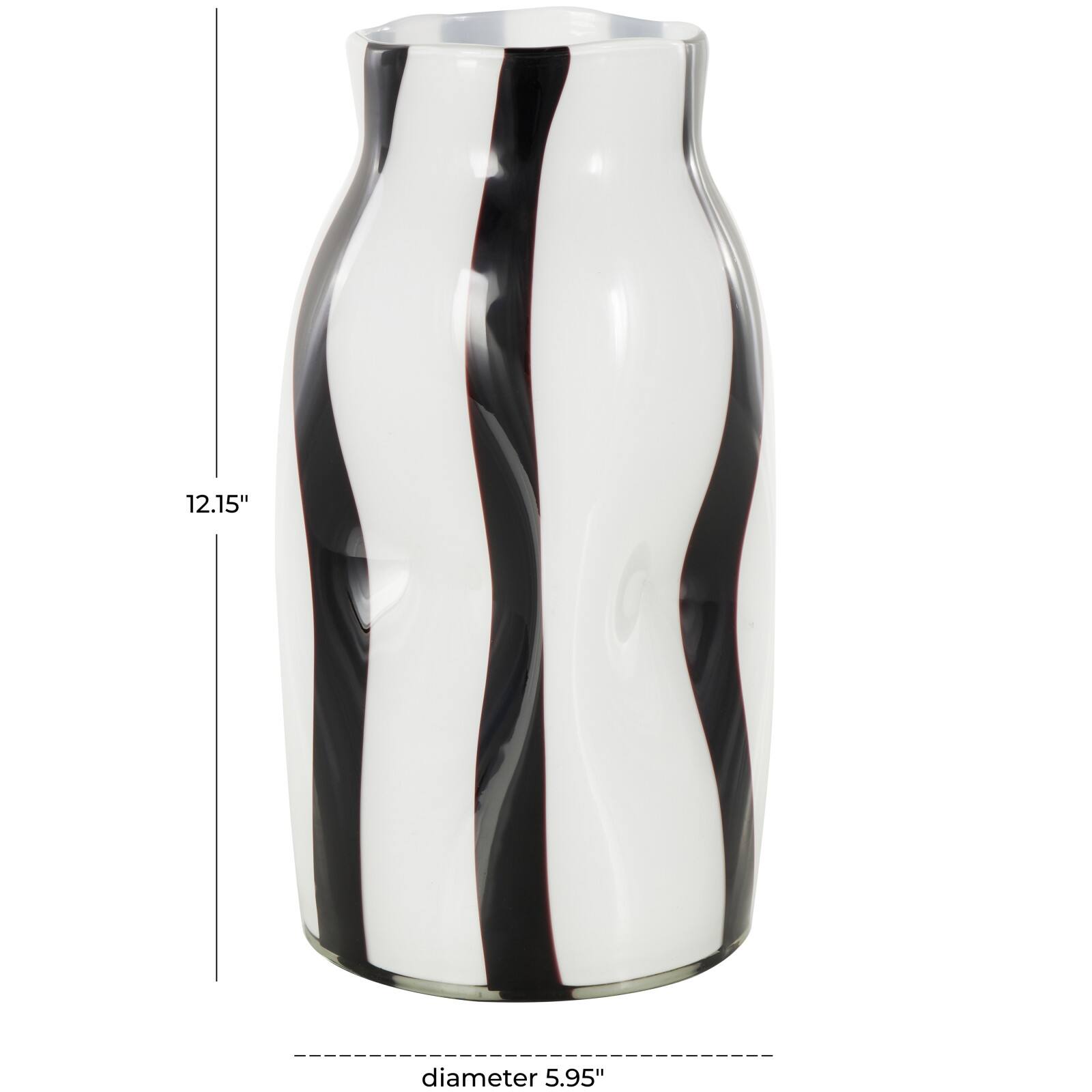 12" White & Black Stripes Round Concaved Glass Vase