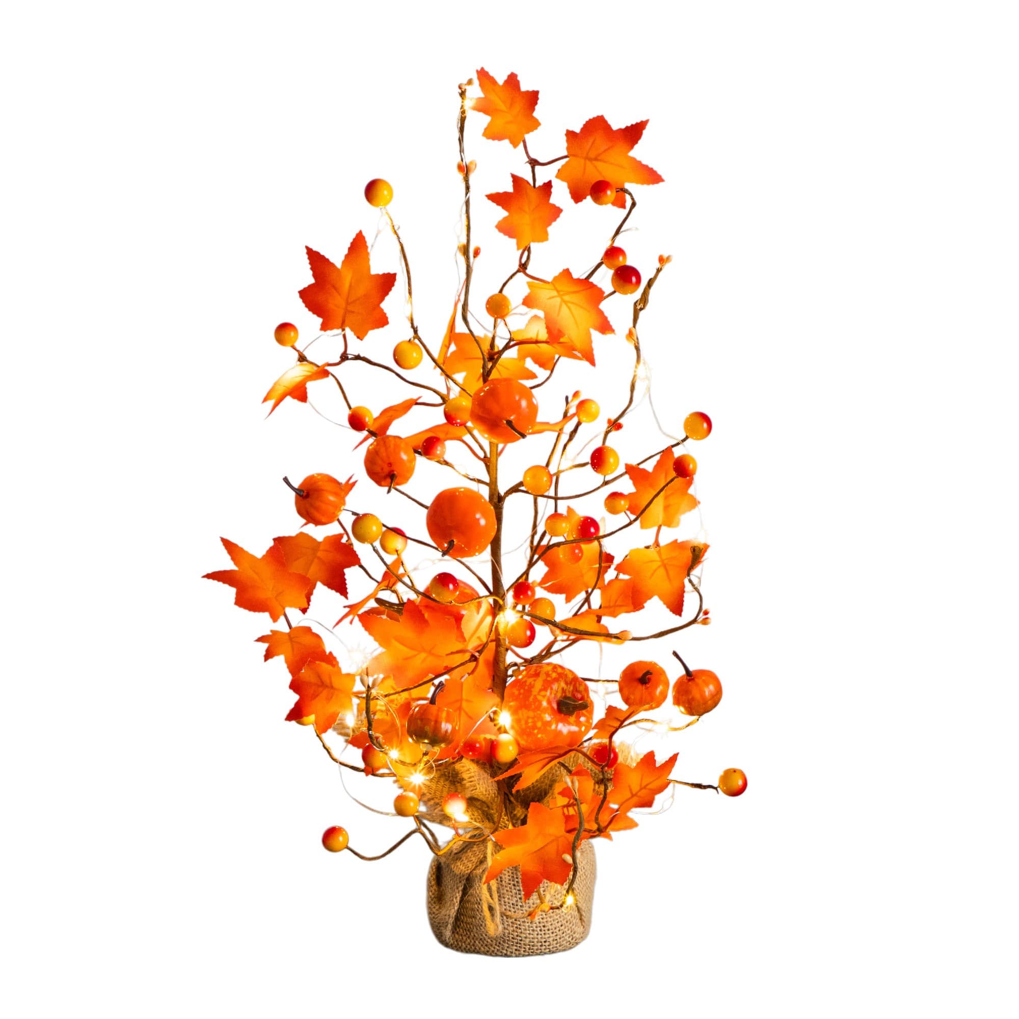 18in. Pre-Lit Artificial Maple Tree with Pumpkin Ornaments and 30 LED String Lights in Burlap Wrapped Base