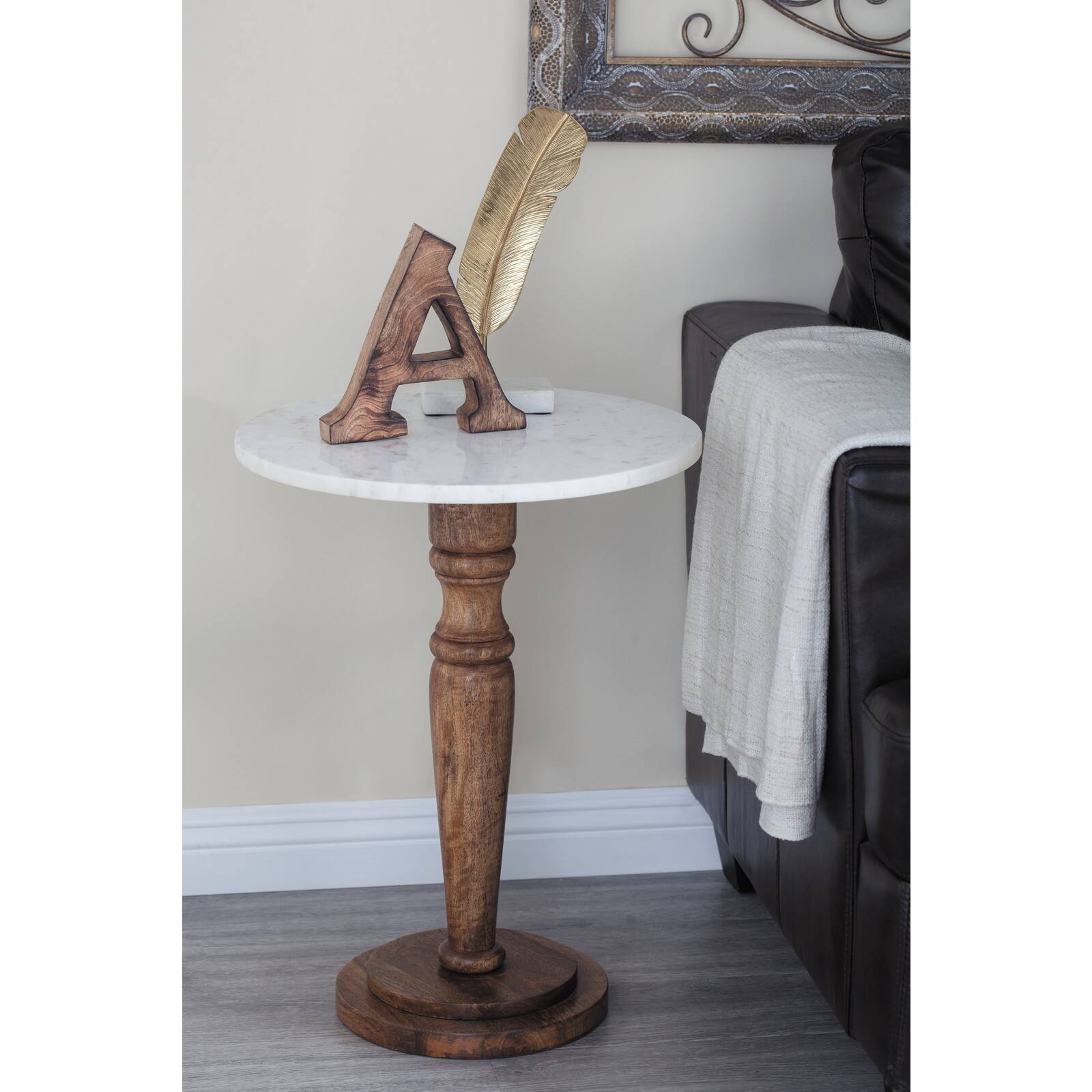 18" White Mango Wood & Marble Farmhouse Accent Table