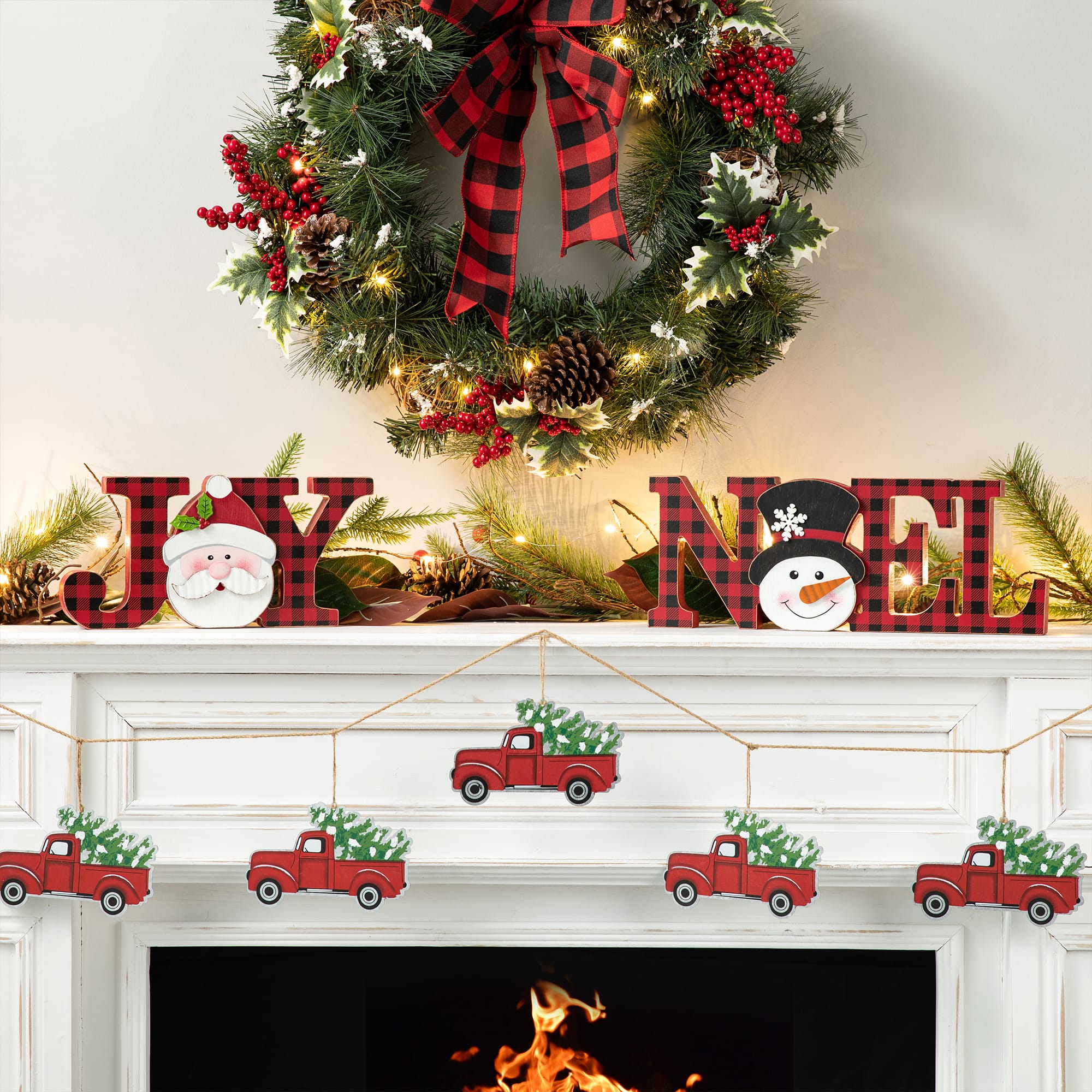 Glitzhome® 2-Piece JOY and NOEL Wooden Christmas Plaid Table Décor