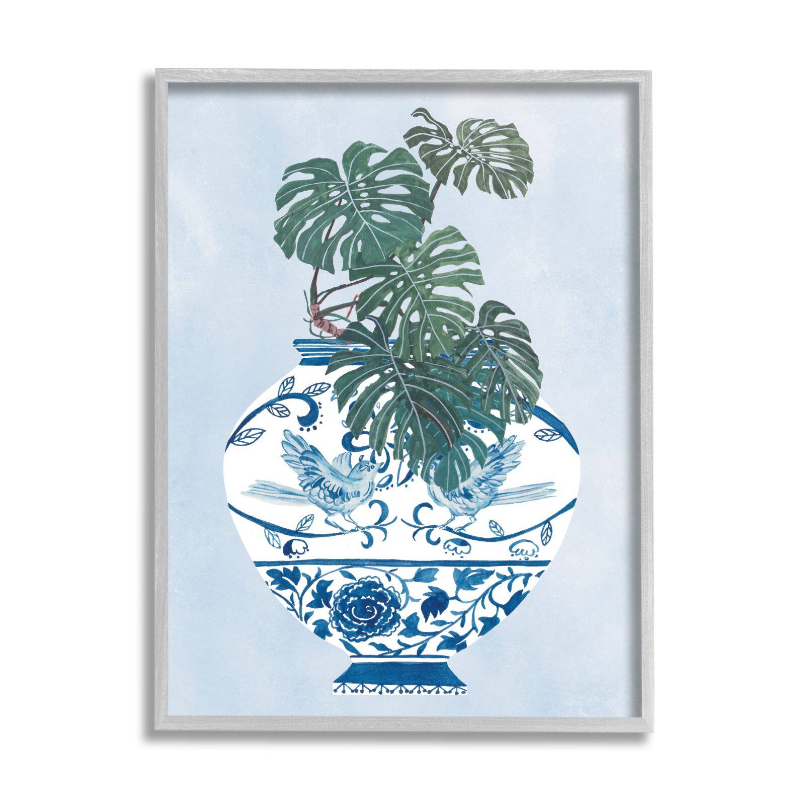 Stupell Industries Monstera Palm Plant Ornate Blue Bird Vase Scene Framed Wall Art
