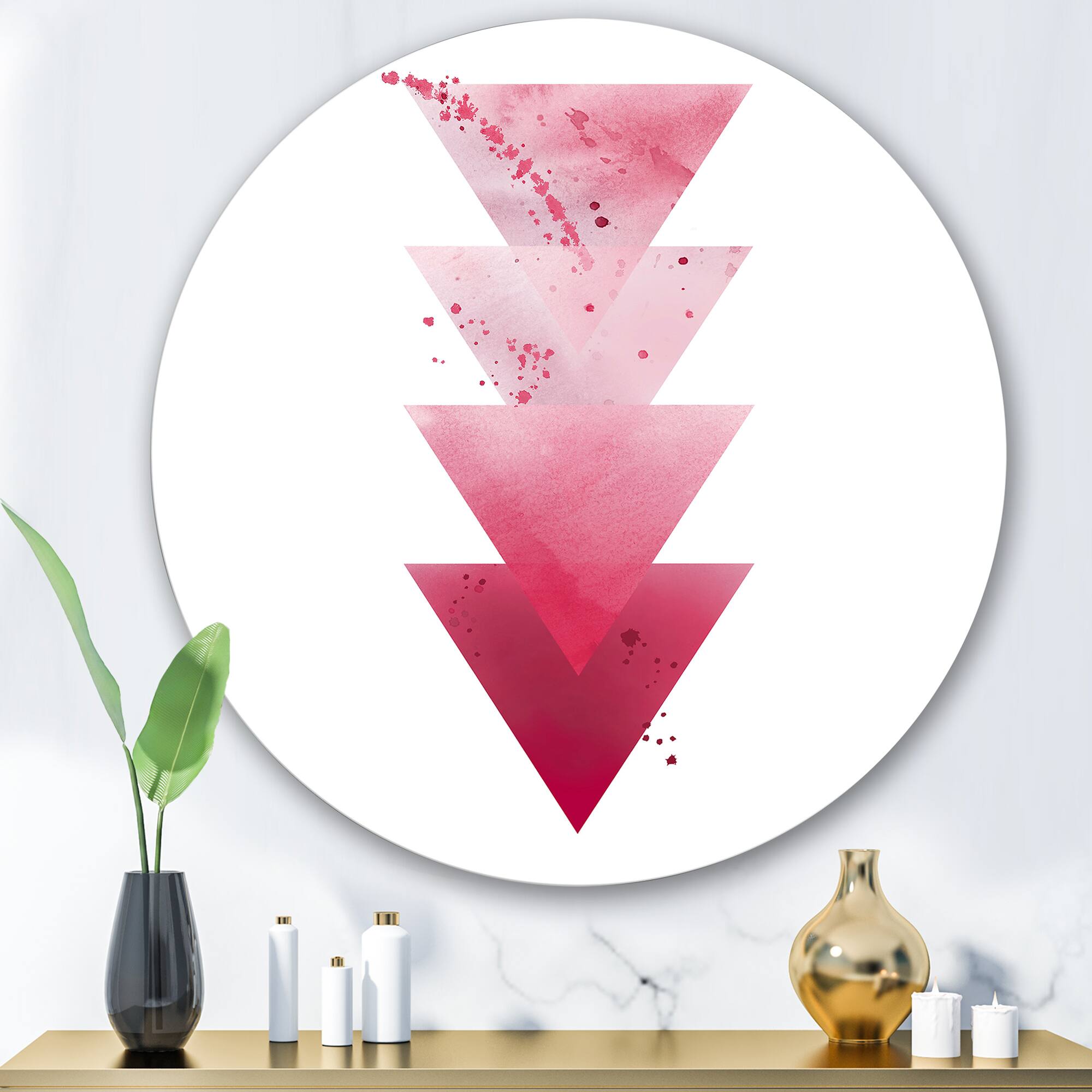 Designart - Red Triangles Abstract Geometric Art Composition - Modern Metal Circle Wall Art