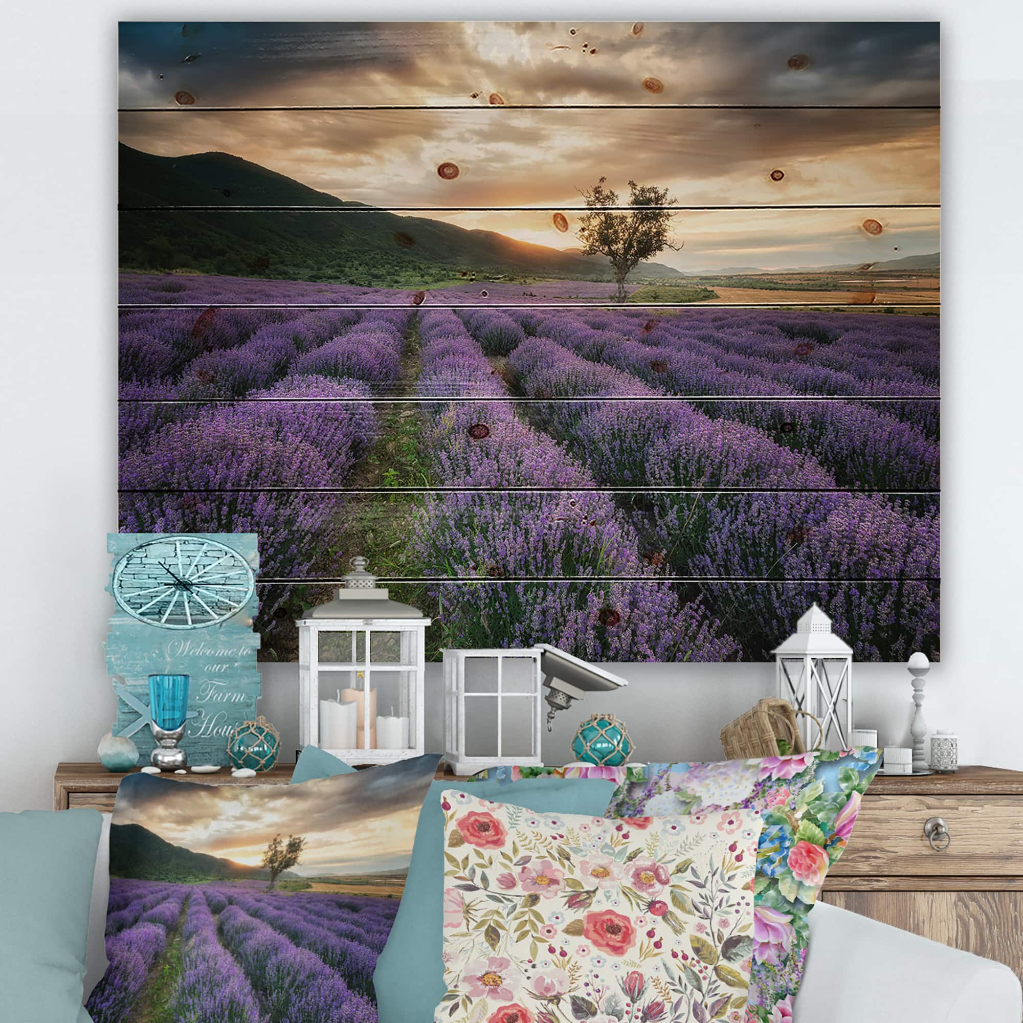 Designart - Sunrise & Dramatic Clouds Over Lavender Field VII - Farmhouse Print on Natural Pine Wood