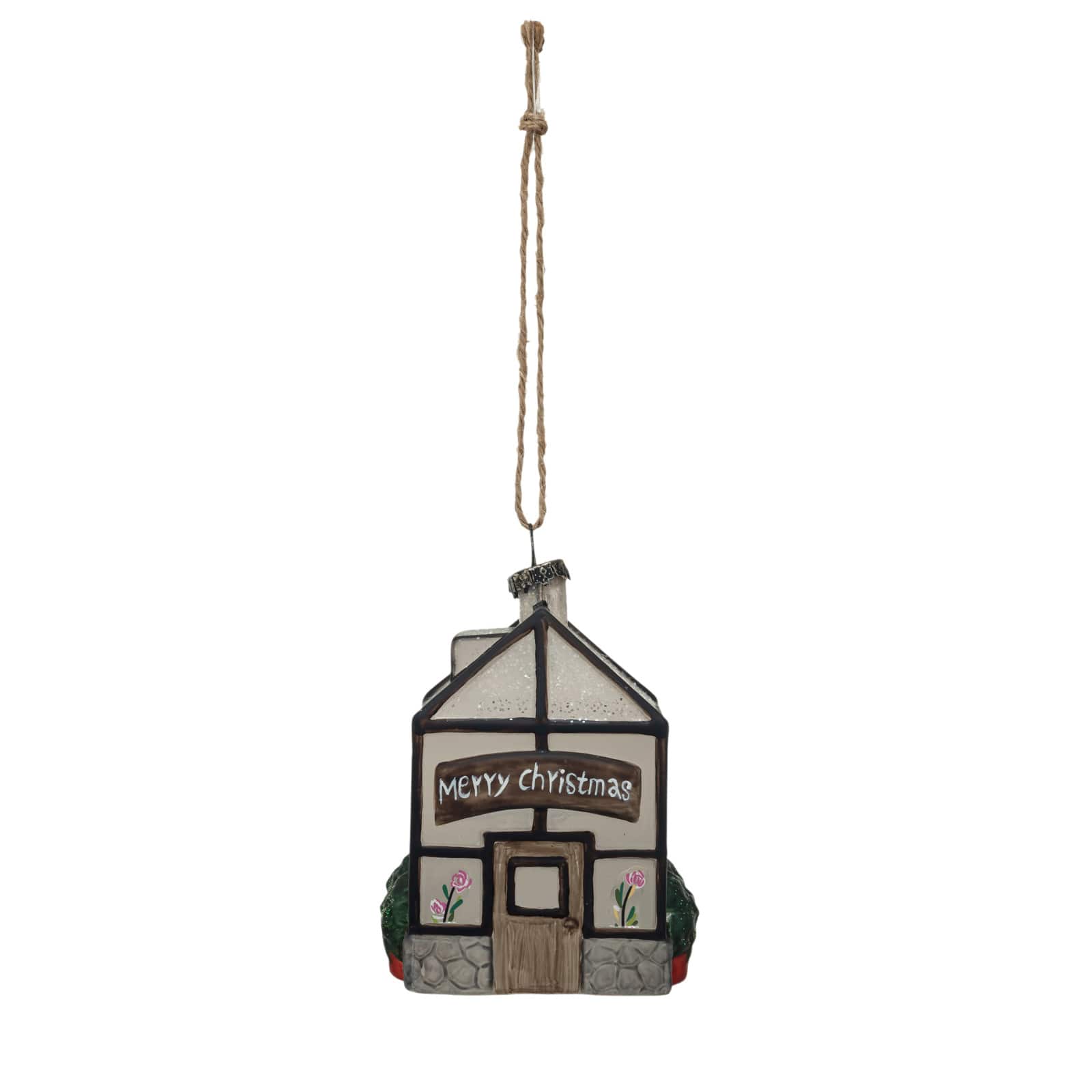 Hello Honey® 4" Hand-Painted Glass Greenhouse Ornament with Glitter Merry Christmas