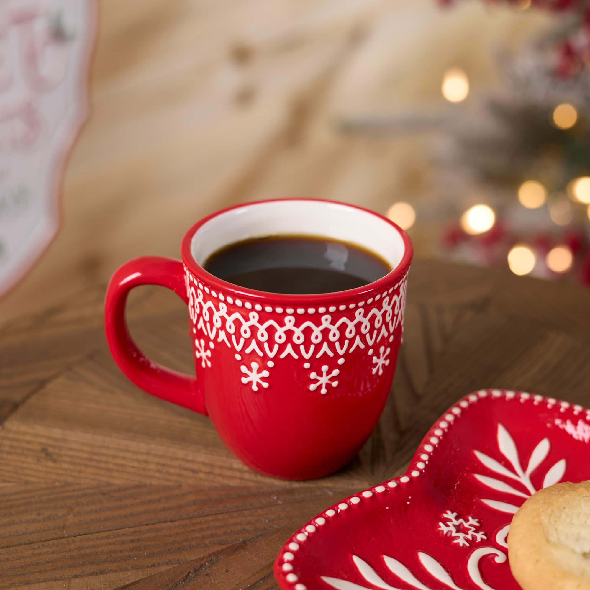 Melrose 4.75" Red & White Embossed Ceramic Snowflake Mugs, 6ct.
