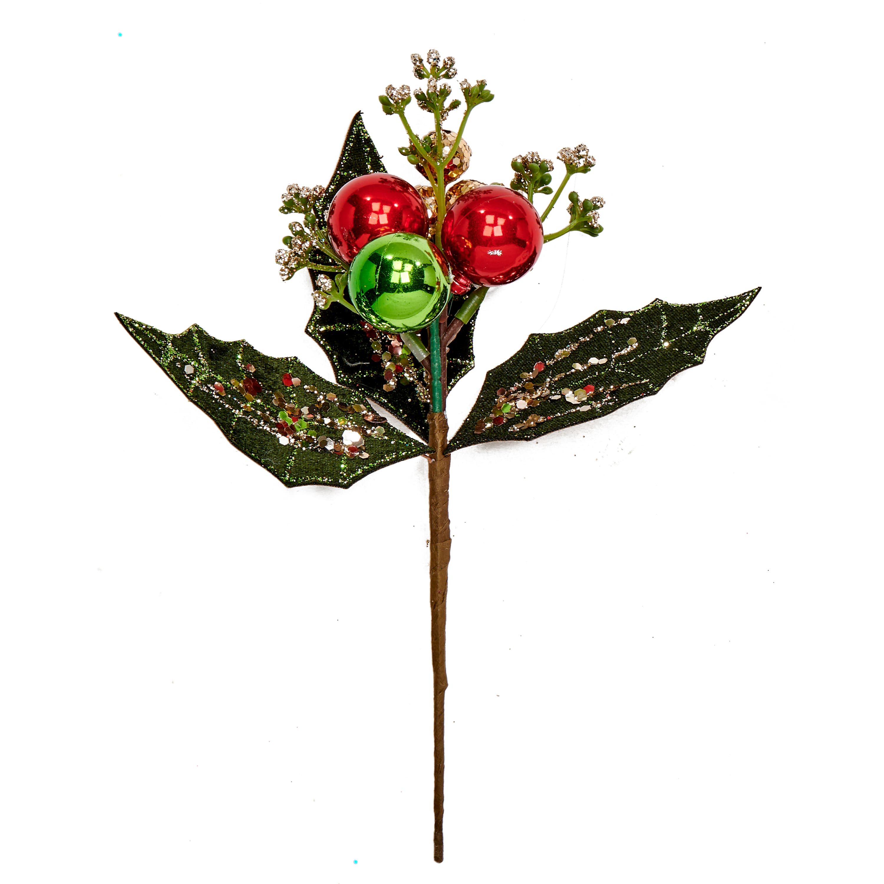 10" Christmas Red & Green Glittered Ball & Leaves Picks, 6ct.