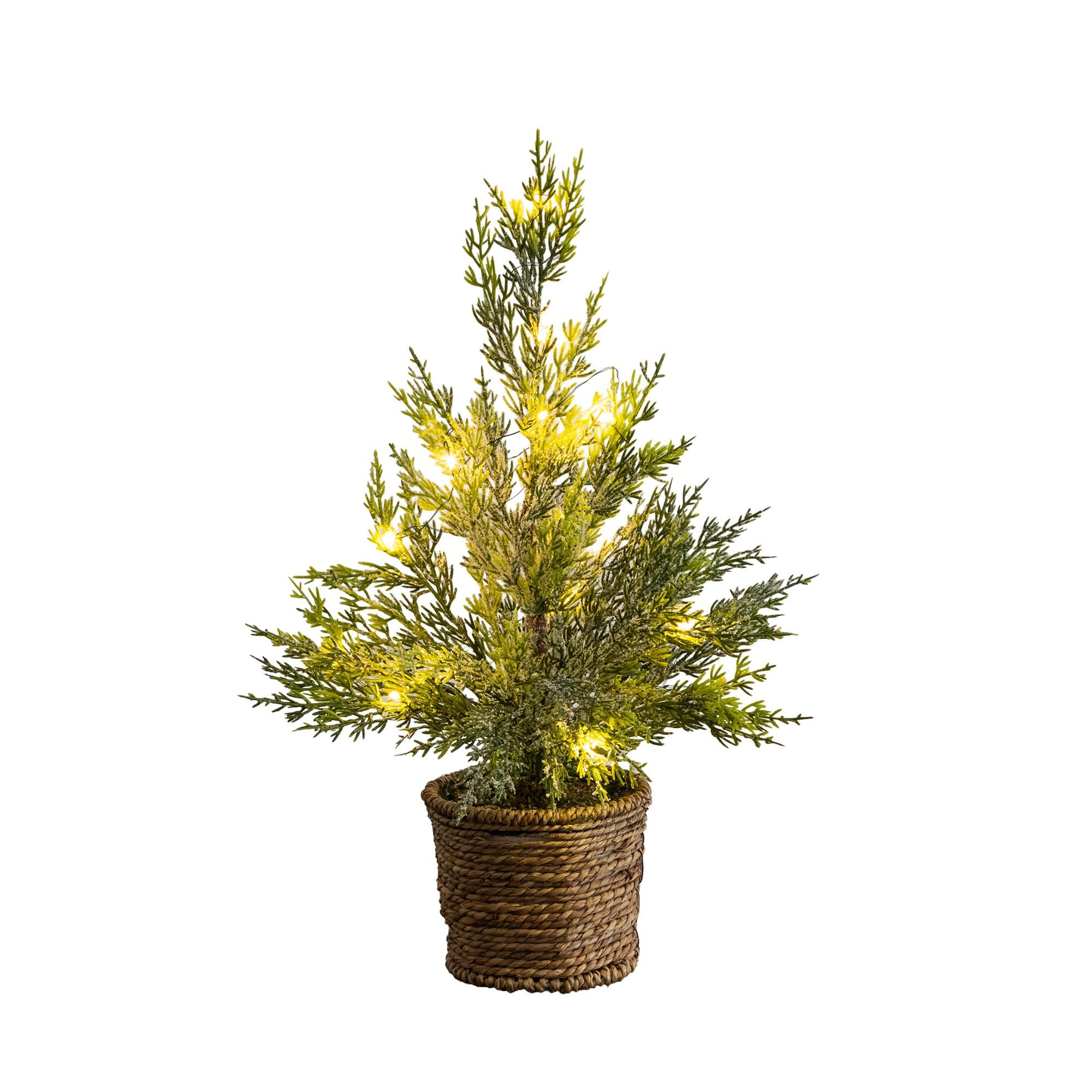 Nearly Natural 18" Pre-Lit Artificial Snowed Cypress Christmas Tree in Hyacinth Basket, Warm White LED Lights