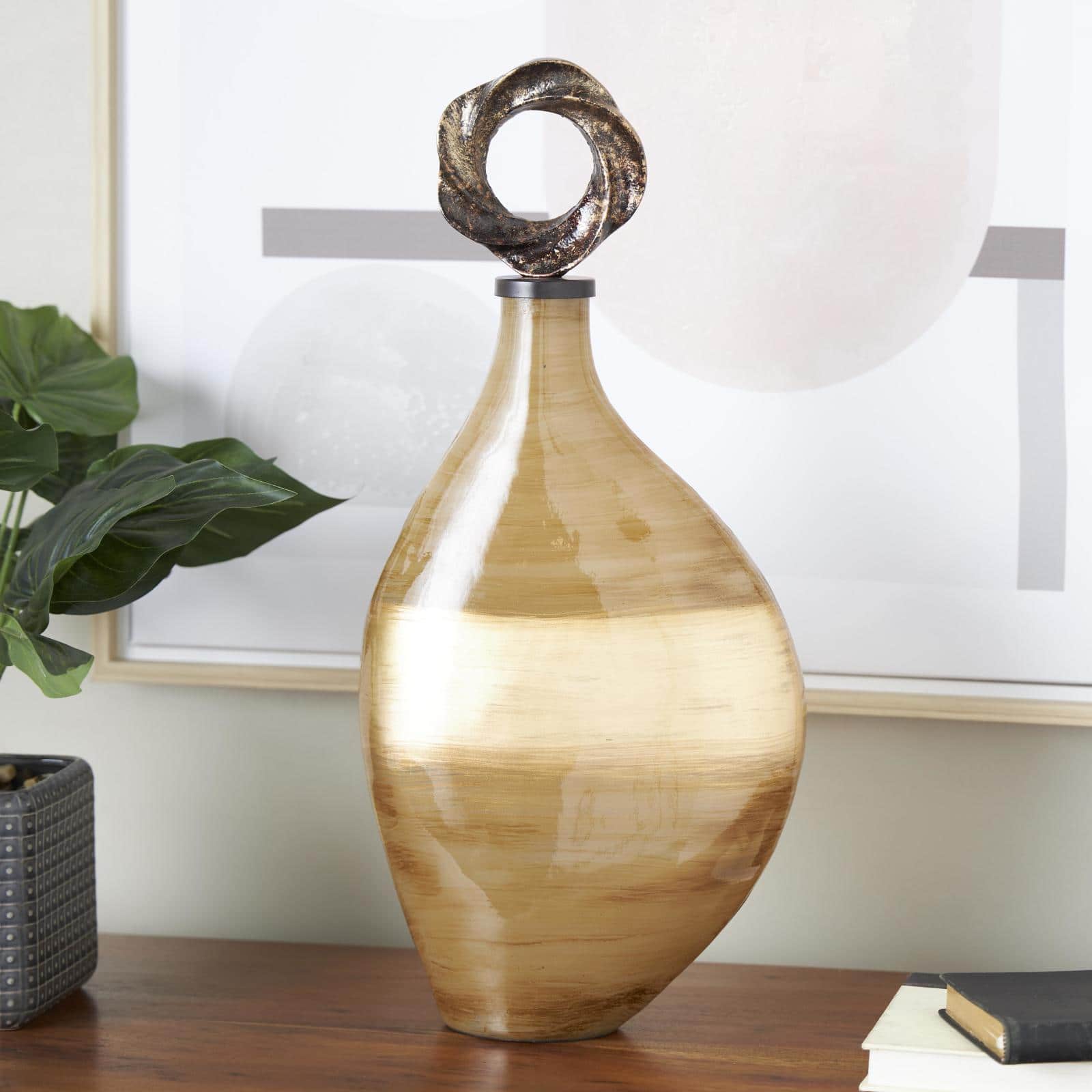 19" Light Brown, Gold & Bronze Glass Brushed Ombre Decorative Jars with Ring Top