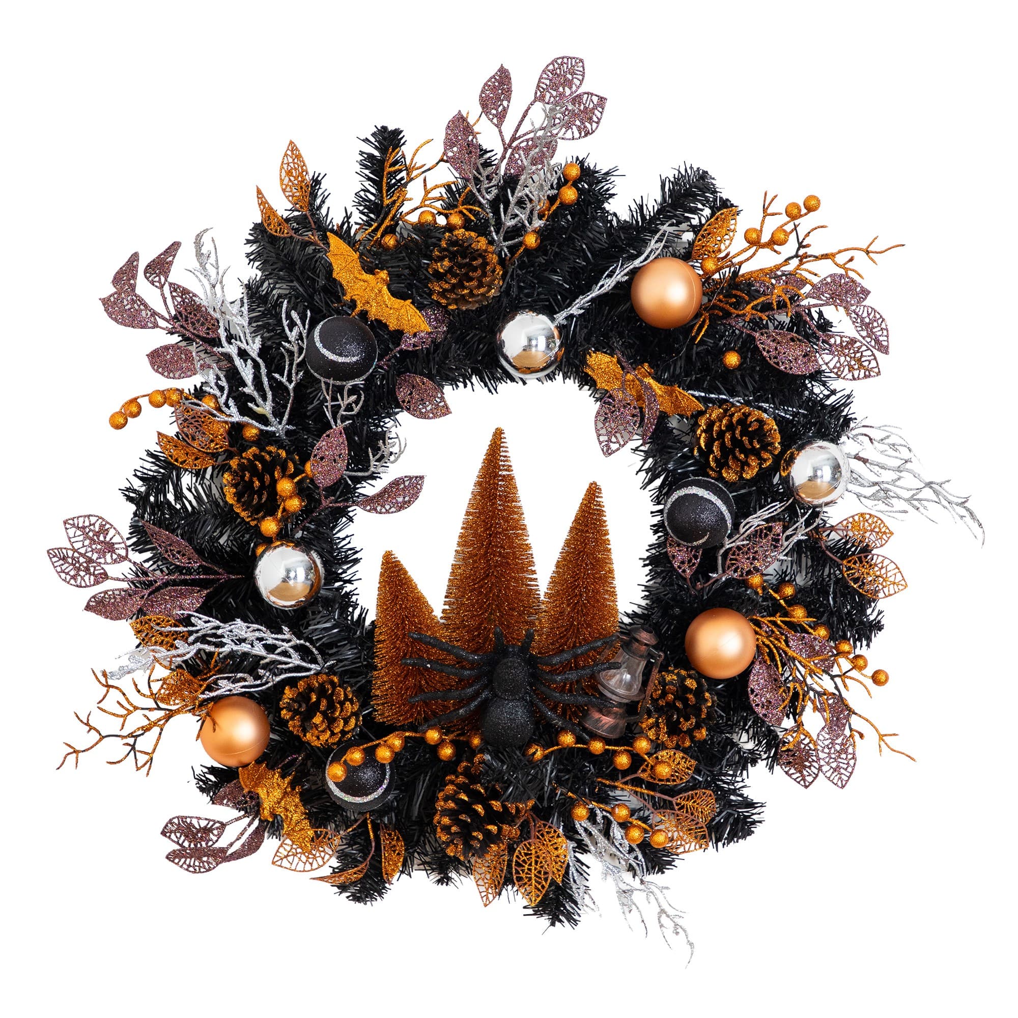 24" Artificial Halloween Black Mixed Foliage Wreath with Bats, Pinecones & Trees By Nearly Natural | Michaels®