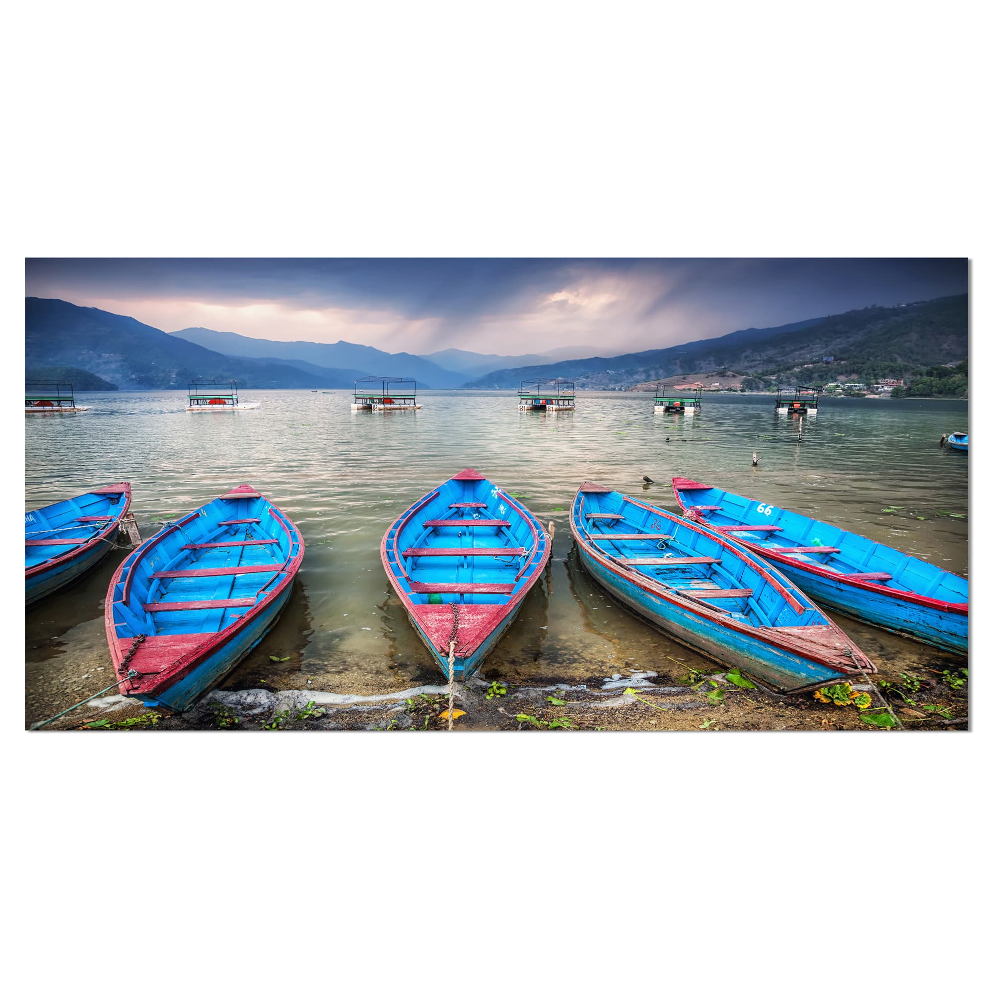 Designart - Row of Blue Boats in Pokhara Lake - Boat Canvas Art Print
