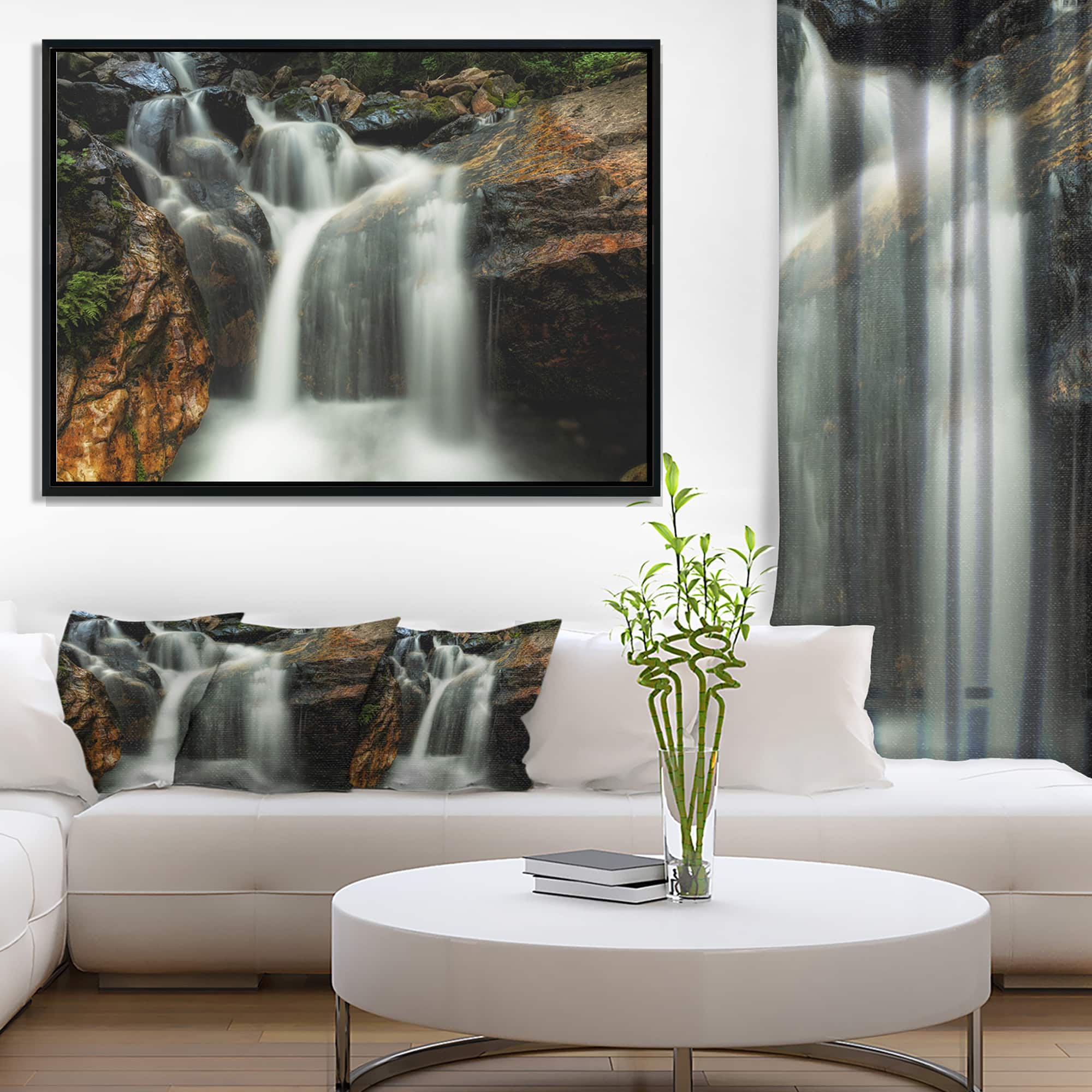 Designart - Slow Motion Waterfall on Rocks - Landscape Framed Canvas Art Print