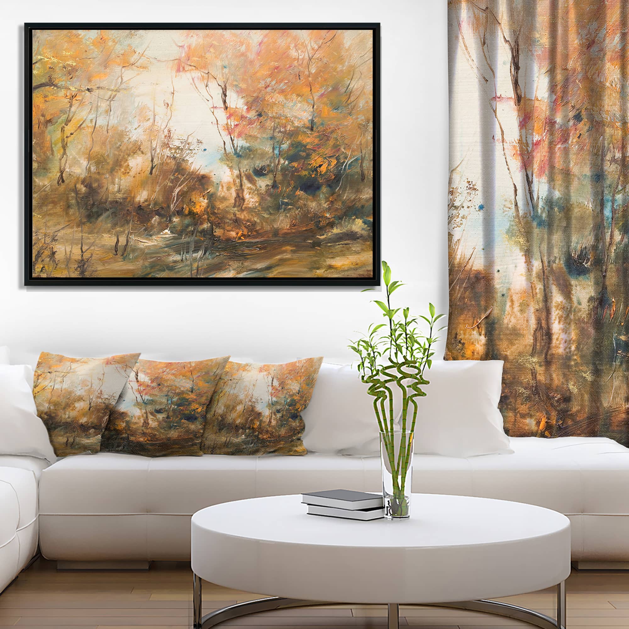 Designart - Forest in Autumn Oil Painting - Landscape Painting Canvas Print in Black Frame