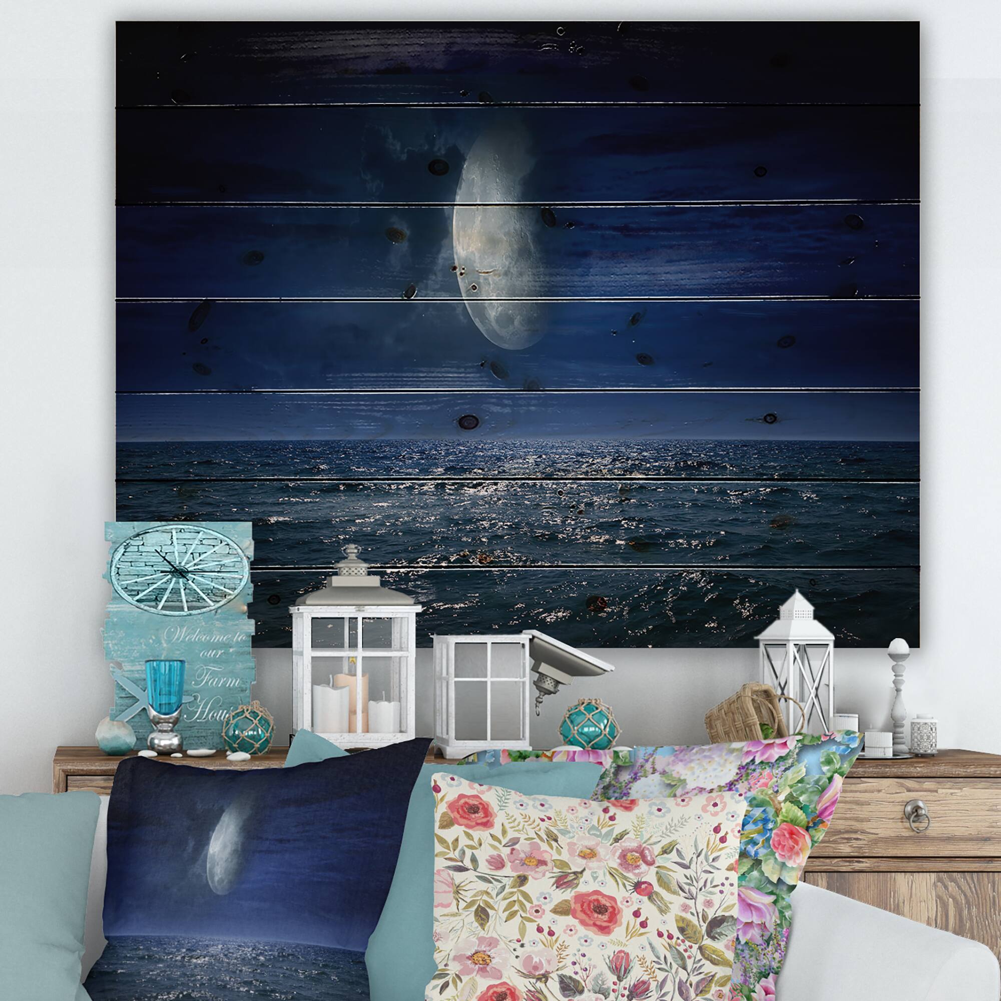 Designart - Full Moon Over Dark Ocean At Night - Nautical & Coastal Print on Natural Pine Wood